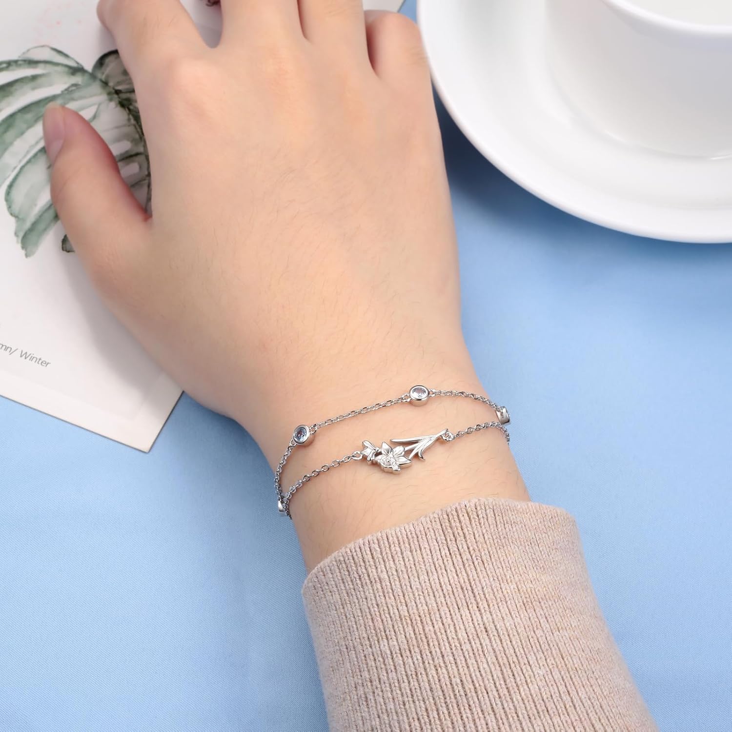 MANBU Birthstone Birth Flower Bracelet for Women: Sterling Silver double Layer Chain Birthstone Bracelet Birthday Gift for Teen - Image 2