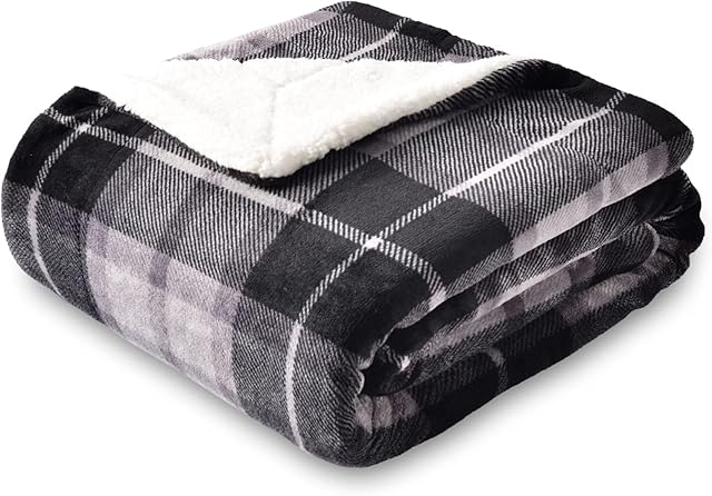 SOCHOW Sherpa Plaid Fleece Throw Blanket, Double-Sided Super Soft Luxurious Bedding Blanket 127cm×150cm, Grey