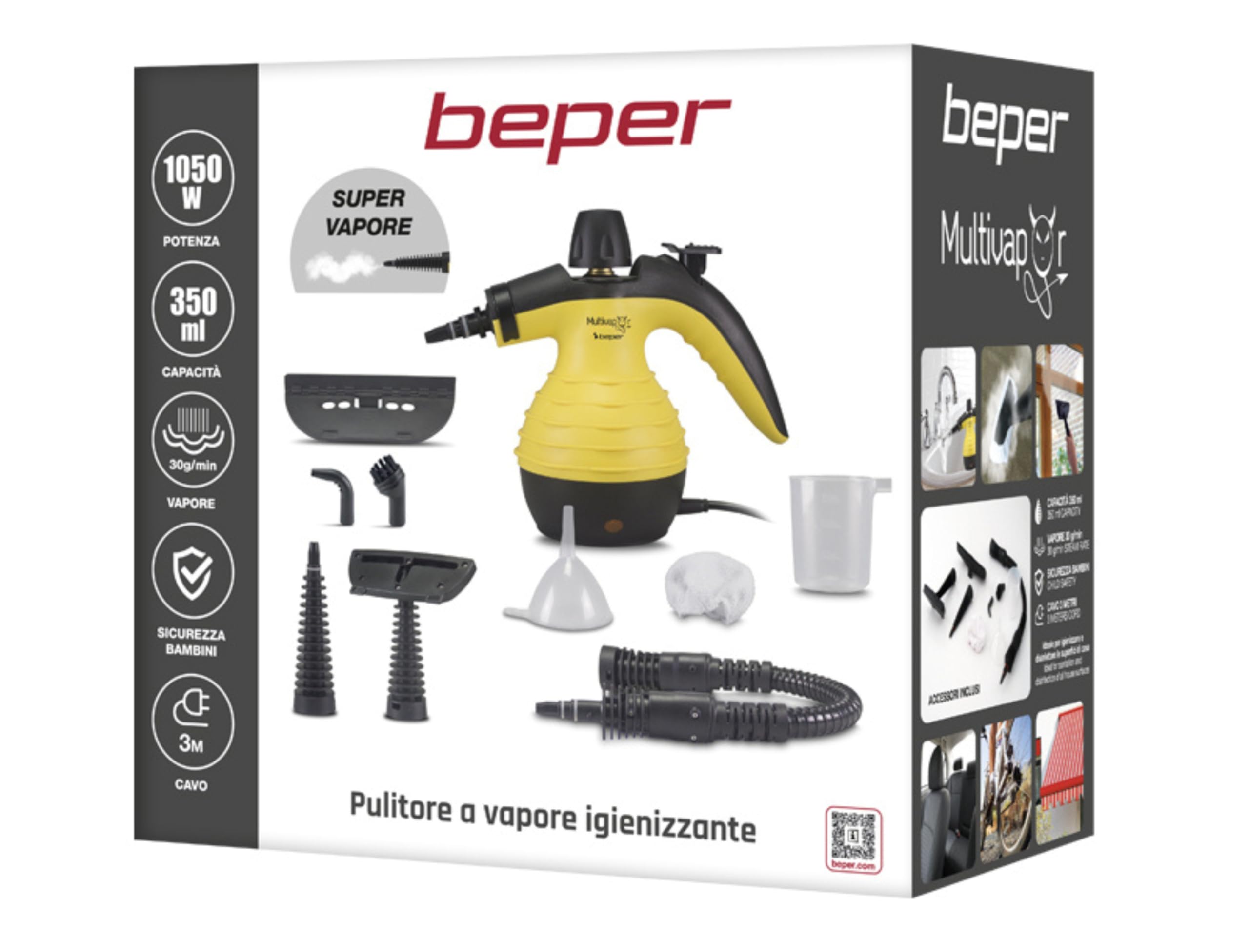 BEPER 50.700 Limpiador a Vapor, Limpiador de Vapor desinfectante , Caldera de Aluminio de 350 ml, Botón de Vapor Continuo, Presión 3.2 bar, 30 g/min, Cable de 3 M, Amarillo y Negro