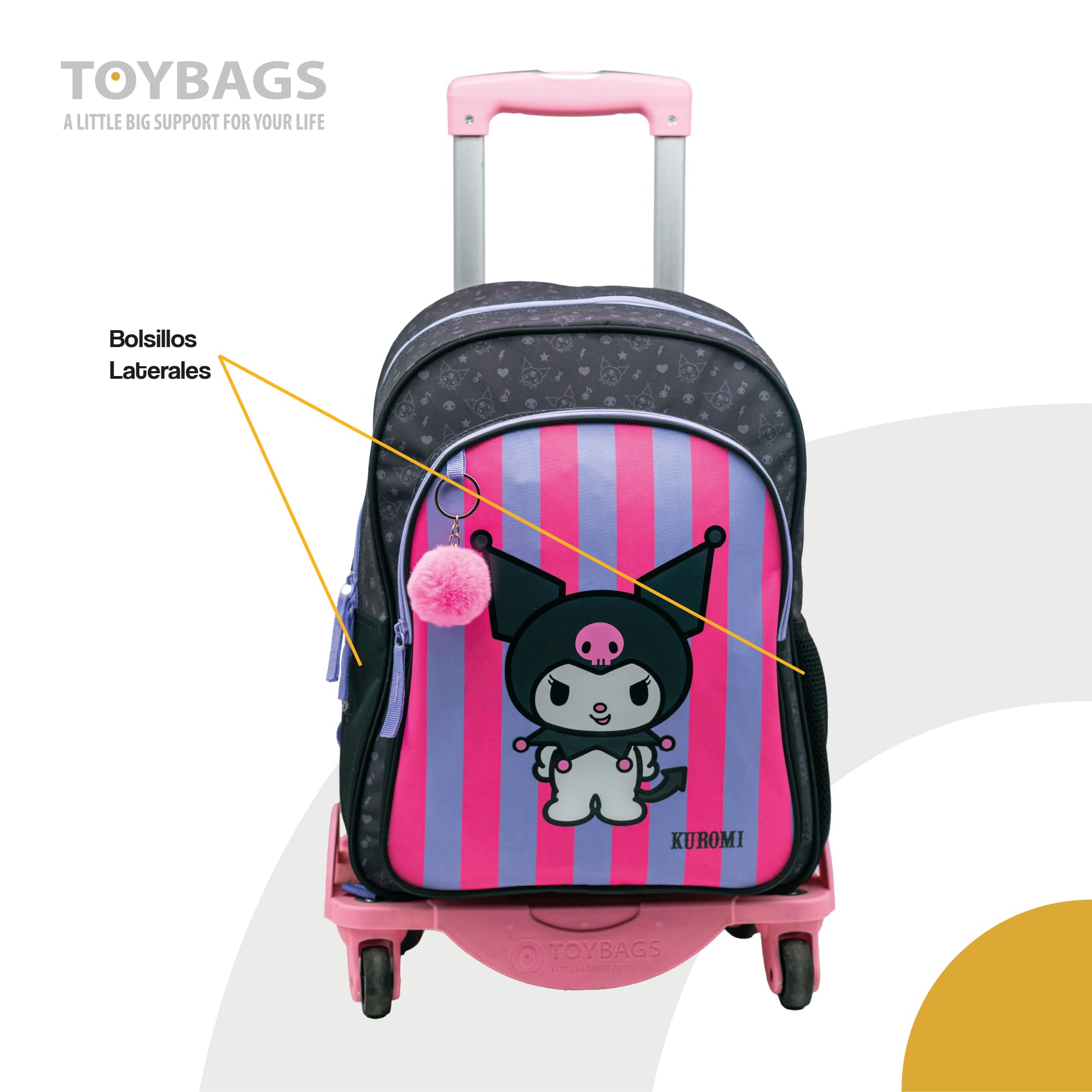 ToyBags Mochila Escolar Kuromi - Doble Compartimento - con Accesorio Pom-Pom - Adaptable + Carro Rosa Proteccion Lateral Y STOPER Frontal Anti CAIDA 4 Ruedas giratorias - 44 X 30 X 20 CM