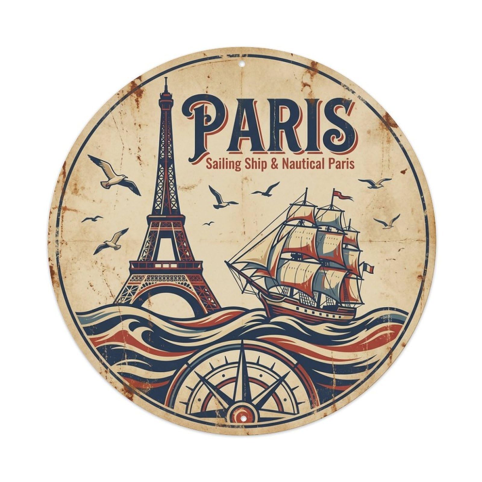 Olhnbad Style Paris Coastal Route Sailing Ship Nautical Travel Metal Tin Sign