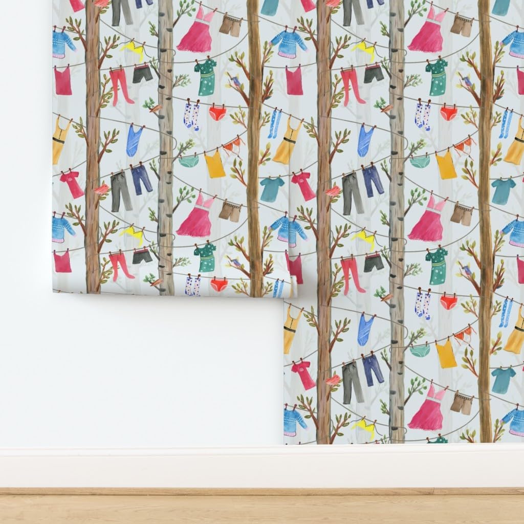 Spoonflower Removable Wallpaper 3ft x 2ft - Whimsical Laundry Clothes Trees Clothesline Room Dress Shorts Shirt Bathing Suit Colorful Stockings Custom Pre-Pasted Wallpaper
