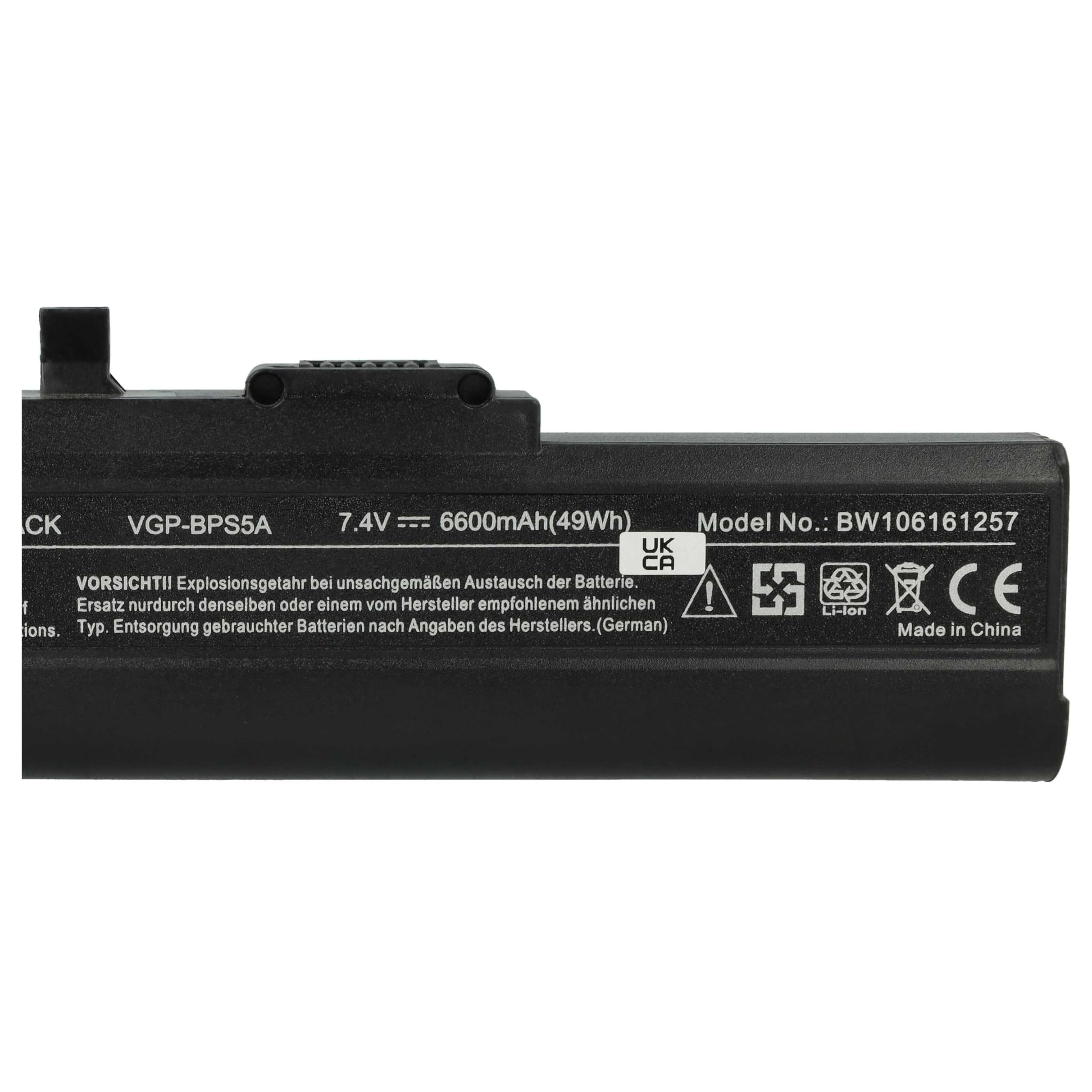 vhbw batteria sostituisce Sony VGP-BPS5, VGP-BPL5, VGP-BPL5A, VGP-BPS5A per notebook (6600mAh, 7,4V, Li-Ion)