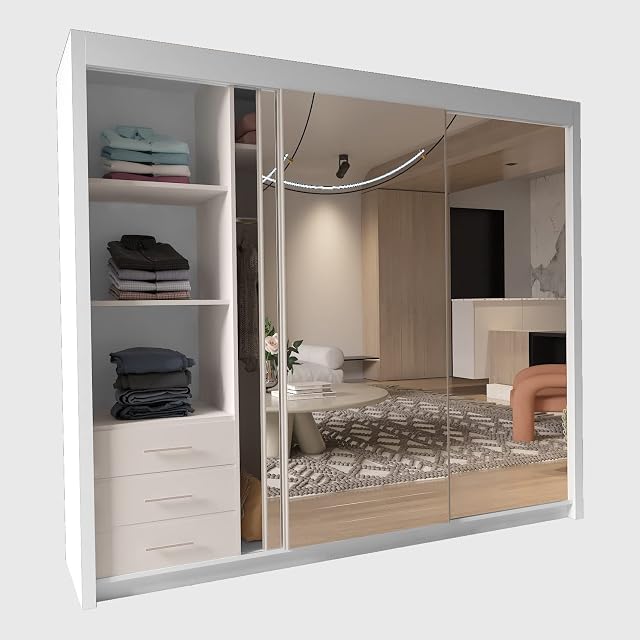 INTERWOOD 2&3 Mirror Sliding Door wardrobe for Bedroom Furniture with Shelves, Hanging Rails (White 250cm)