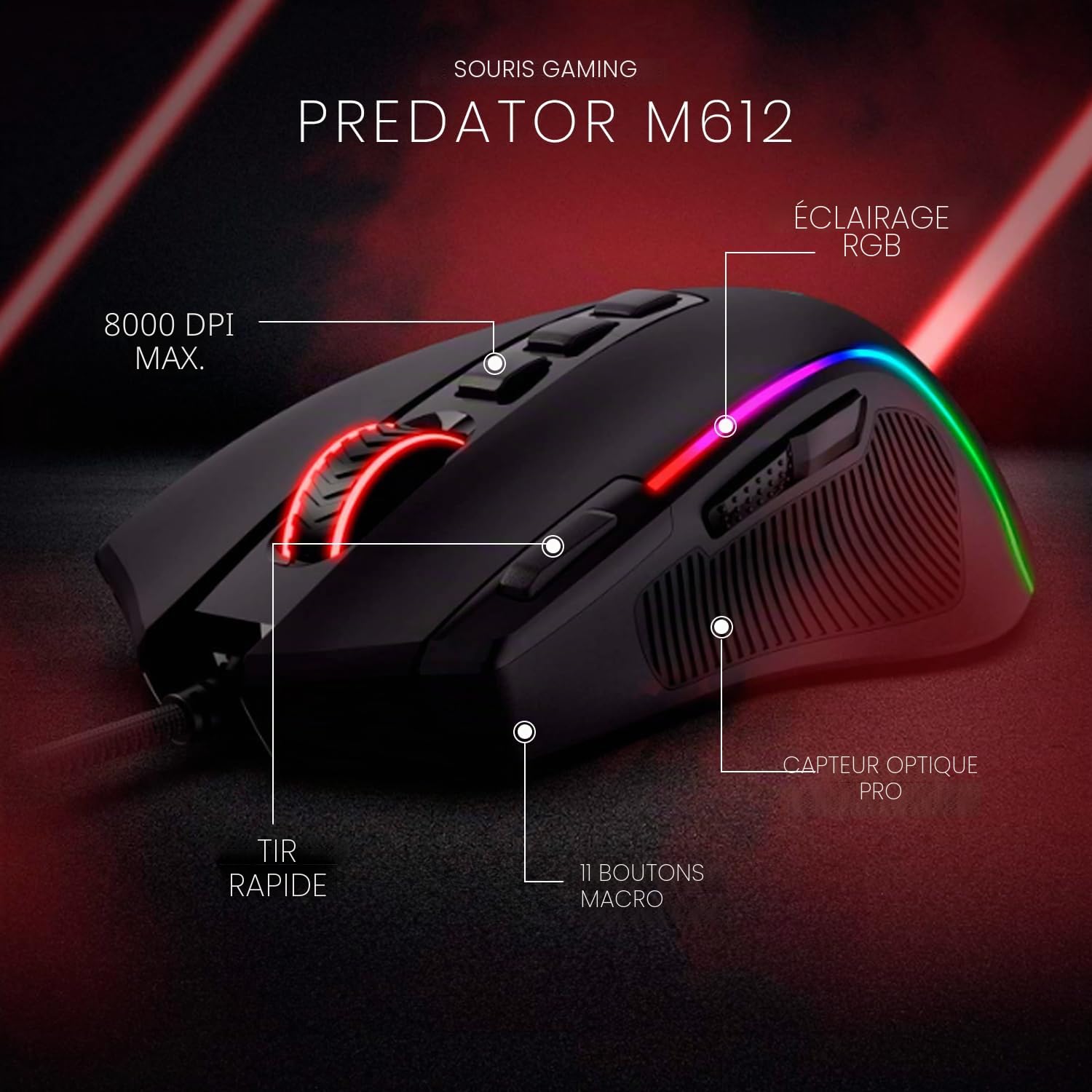 Redragon M612 Predator RGB Souris de Jeu, Souris Gamer Optique Filaire 8000 DPI 11 Boutons programmables & 5 Modes rétroéclairés