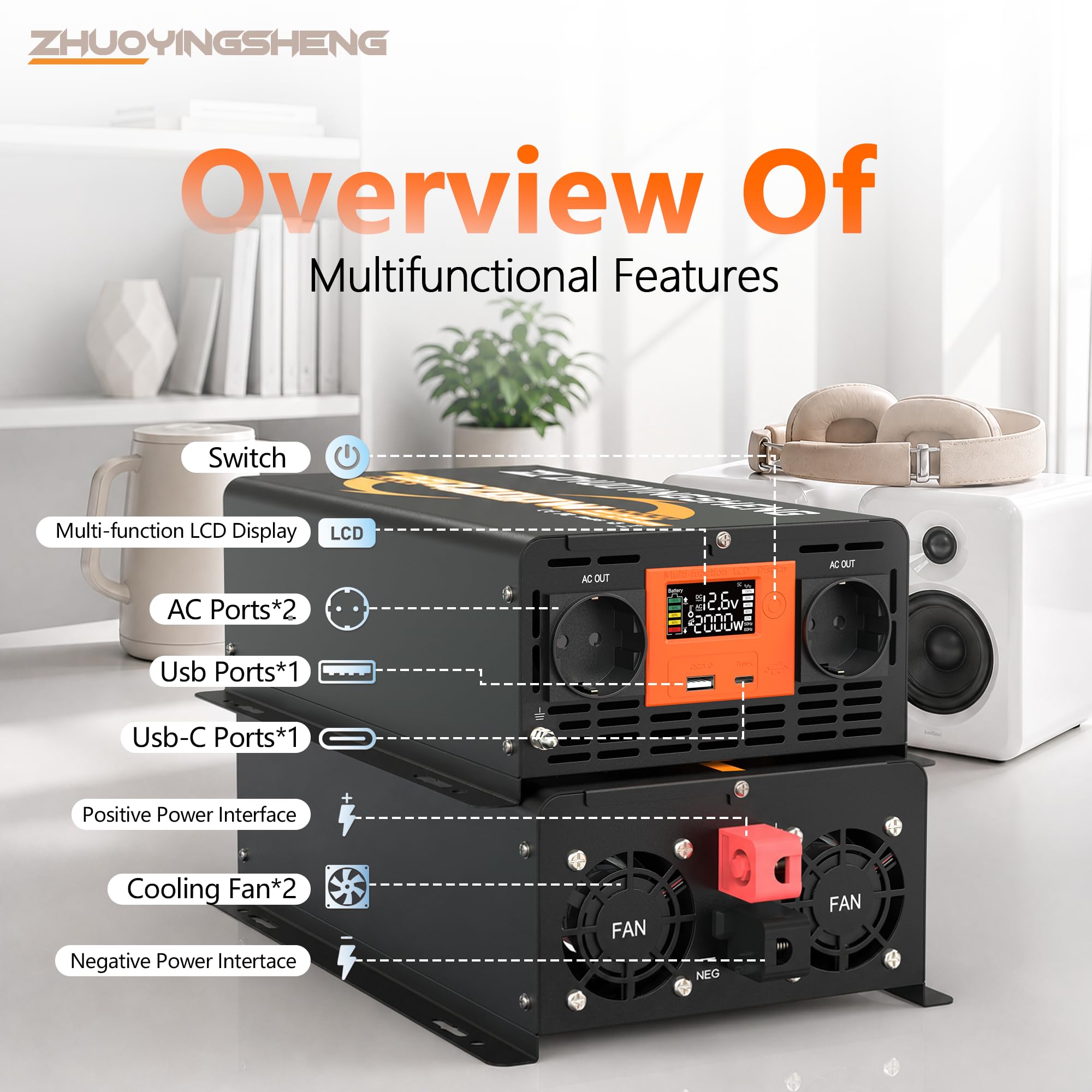 ZYS 2200W Convertisseur 12v 220v Pur Sinus ，Transformateur，Onduleur Pur Sinus，avec télécommande，LCD，2 Prises EU，1Ports USB，1 Interface PD30W Type-C，per Camions，VéHicules， Camping