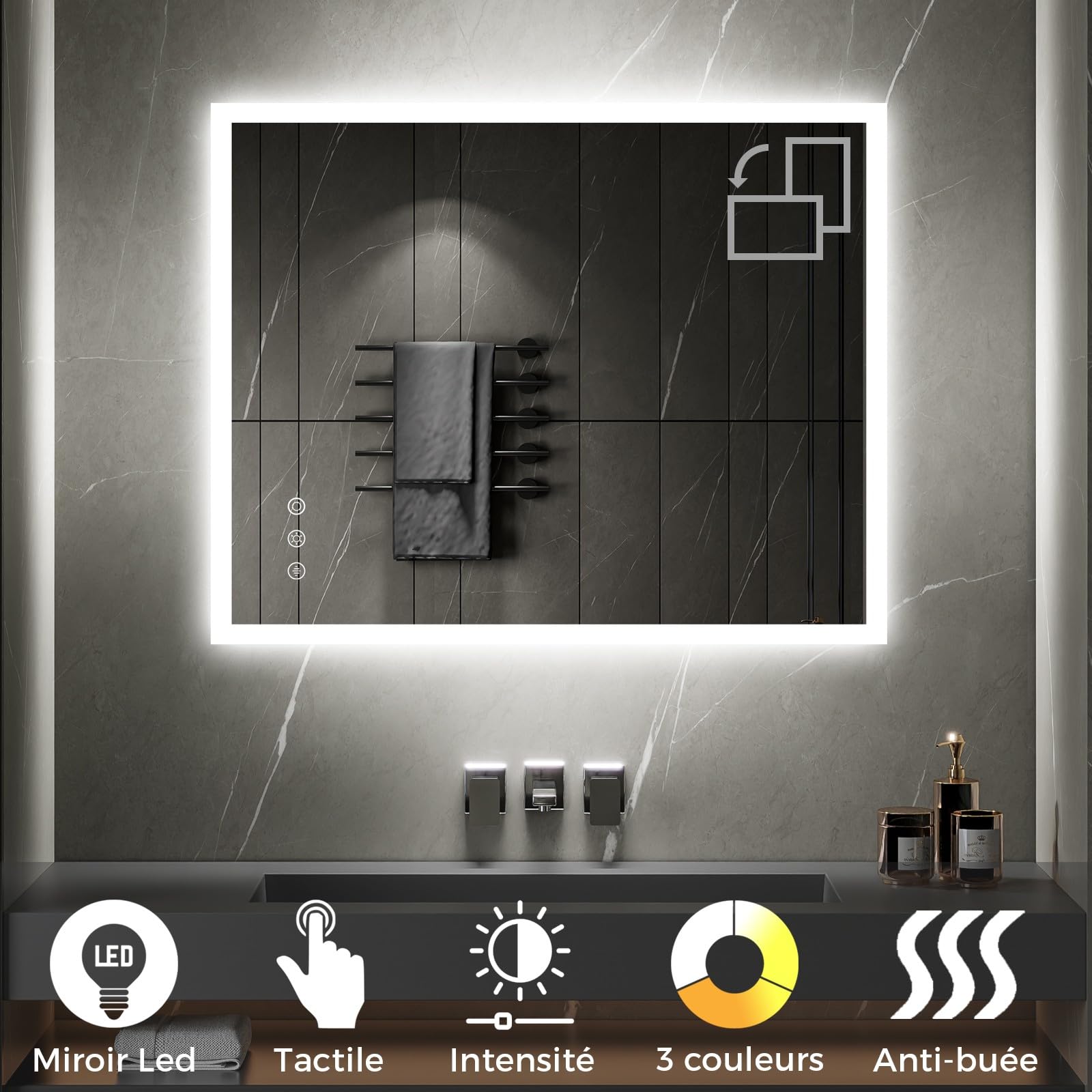SANIVERRE TEMEO Miroir Mural LED Lumineux 80 x 100 cm réversible (2100 LMS) Tactile : antibuée + intensité et Couleur réglables - Salle de Bain