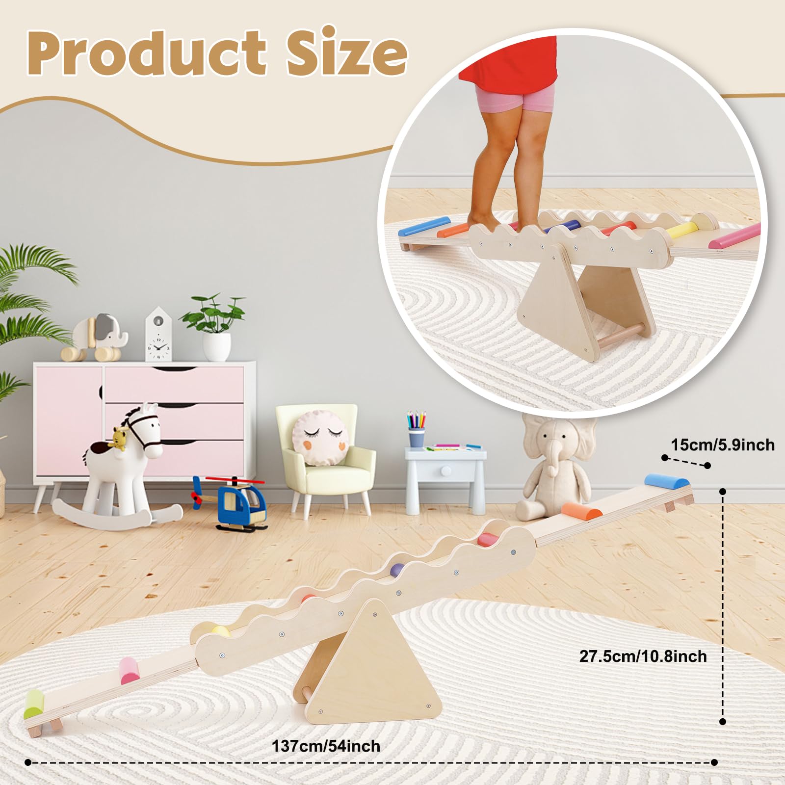 Poutre d'équilibre 2 en 1 en bois pour enfants, bascule et balançoire intérieur extérieur