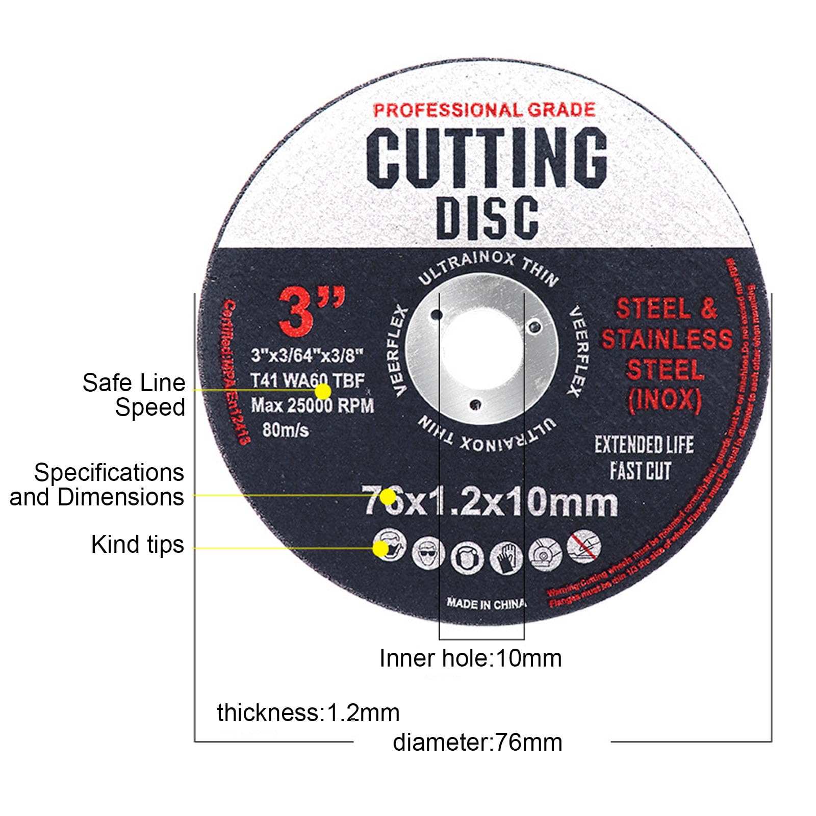 Lot 12 Disques Coupe Oxyde Aluminium Lot De 12 Disques à Tronçonner 76 Mm - Pour Meuleuse D'Angle - Métal Et Bois - Épaisseur 1,2 Mm - Alésage 10 Mm Disques Abrasifs Métal