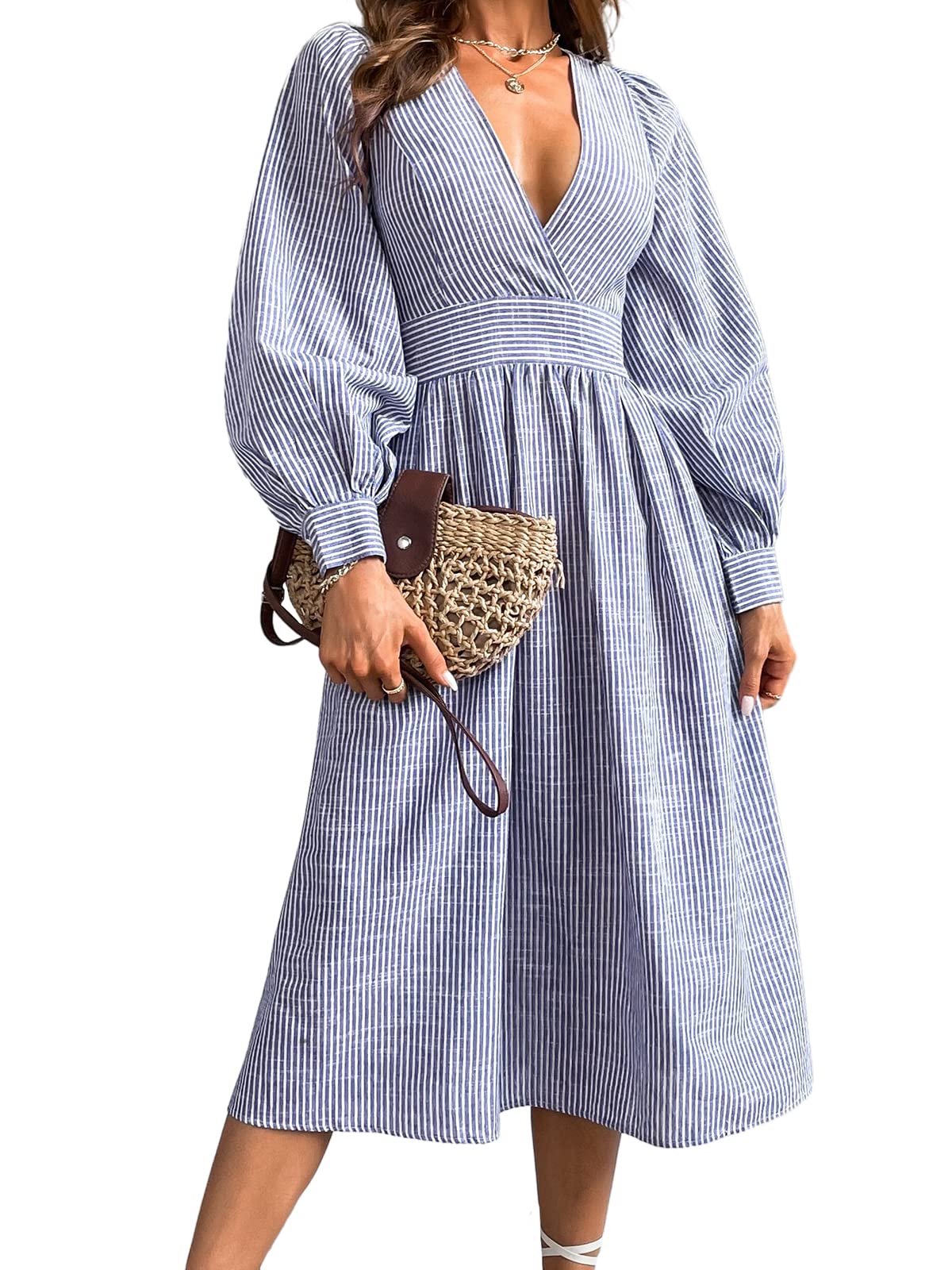 CUPSHE Vestido midi casual a rayas con cuello en V para mujer, vestido de fiesta largo a rayas, cuello sobrepelliz, manga larga