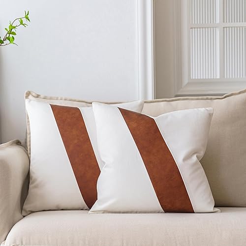 GEGELICA Juego de 2 fundas de almohada modernas de color blanco y marrón con acento de granja de estilo bohemio de 20 x 20 pulgadas, de lona suave,
