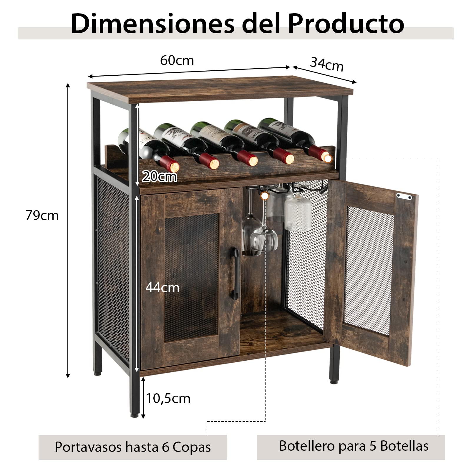 COSTWAY Armario Bar de Vinos, Armario para Licores en Casa con Estante Extraíble para Vinos y Portavasos, Armario Bar de Café con Almacenaje, Aparador Industrial con Puertas para Cocina (Café)
