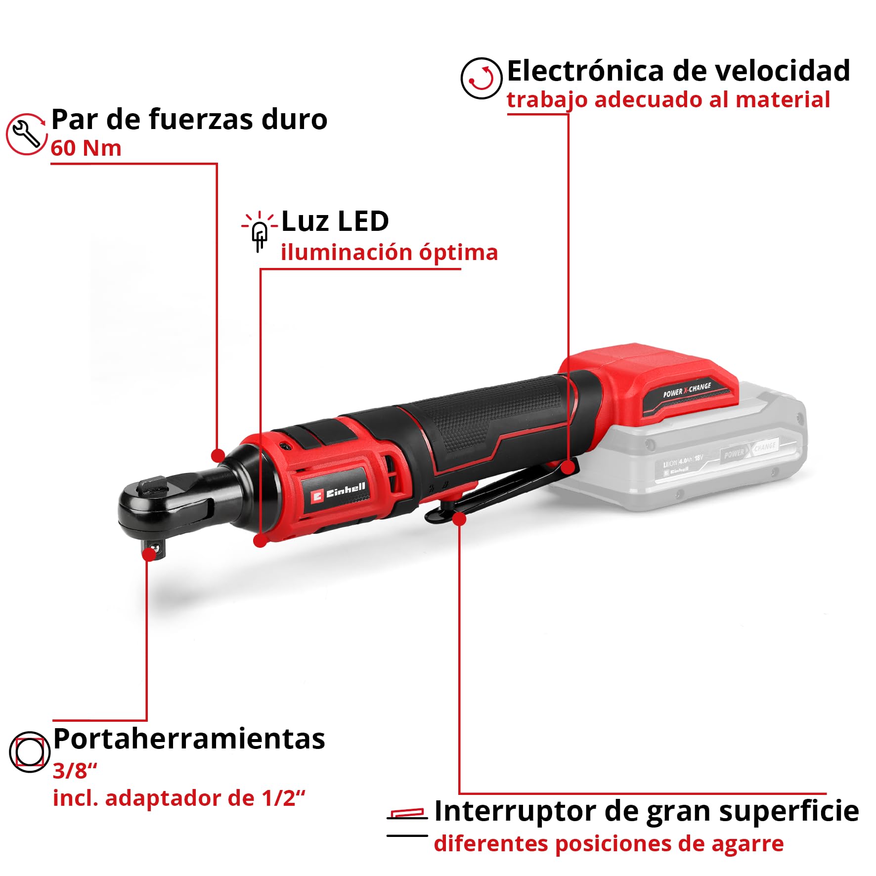 Atornillador de carraca con batería TE-RW 18/60 Li-Solo Power X-Change de Einhell (18 V, 60 Nm, portaherramientas de 3/8", marcha a la izquierda/derecha, luz LED, incl. adaptador de 1/2", sin batería)
