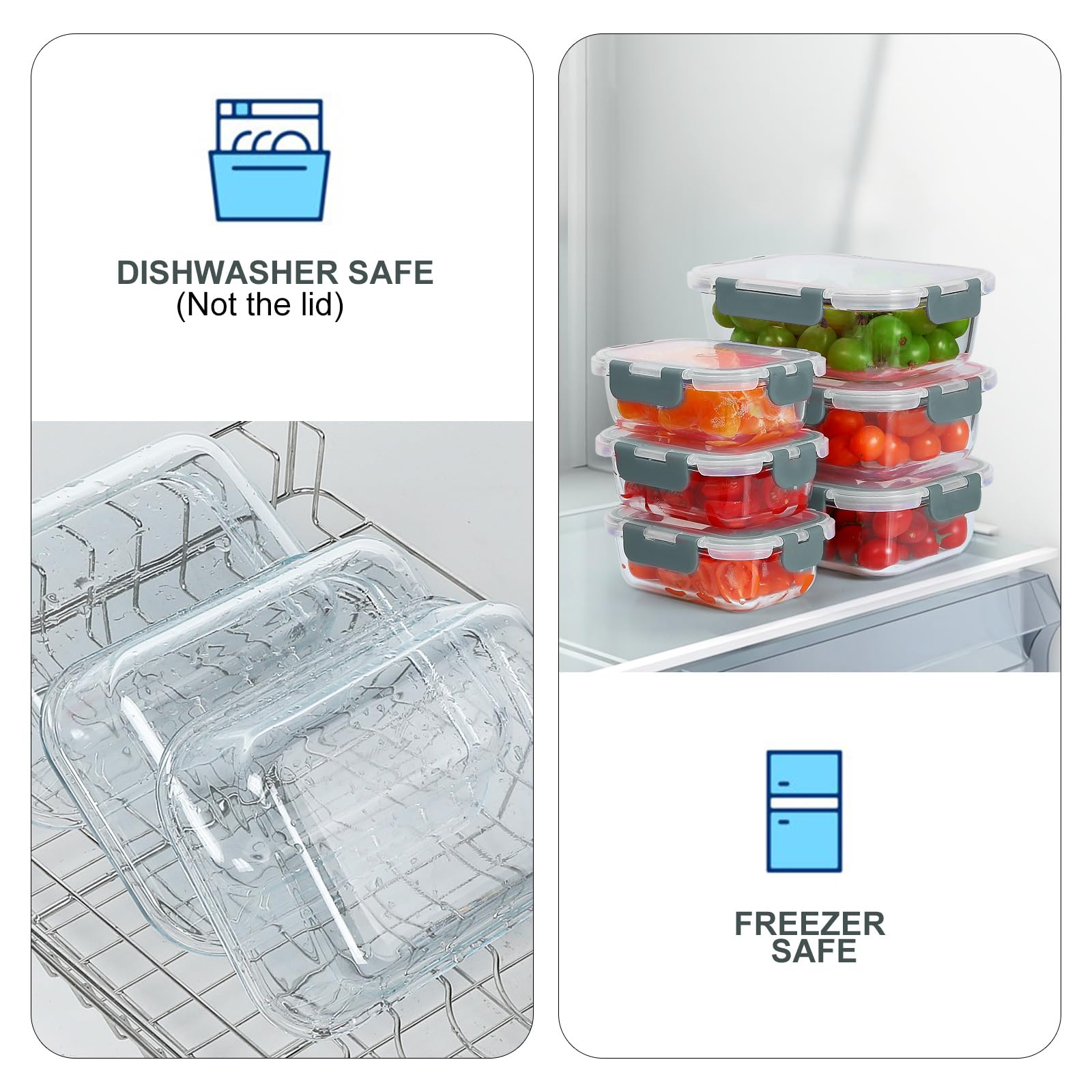 KOMUEE Confezione da 10 contenitori per alimenti in vetro, contenitori per la preparazione dei pasti con coperchio, contenitori ermetici in vetro, adatti per congelatore, forno e microonde