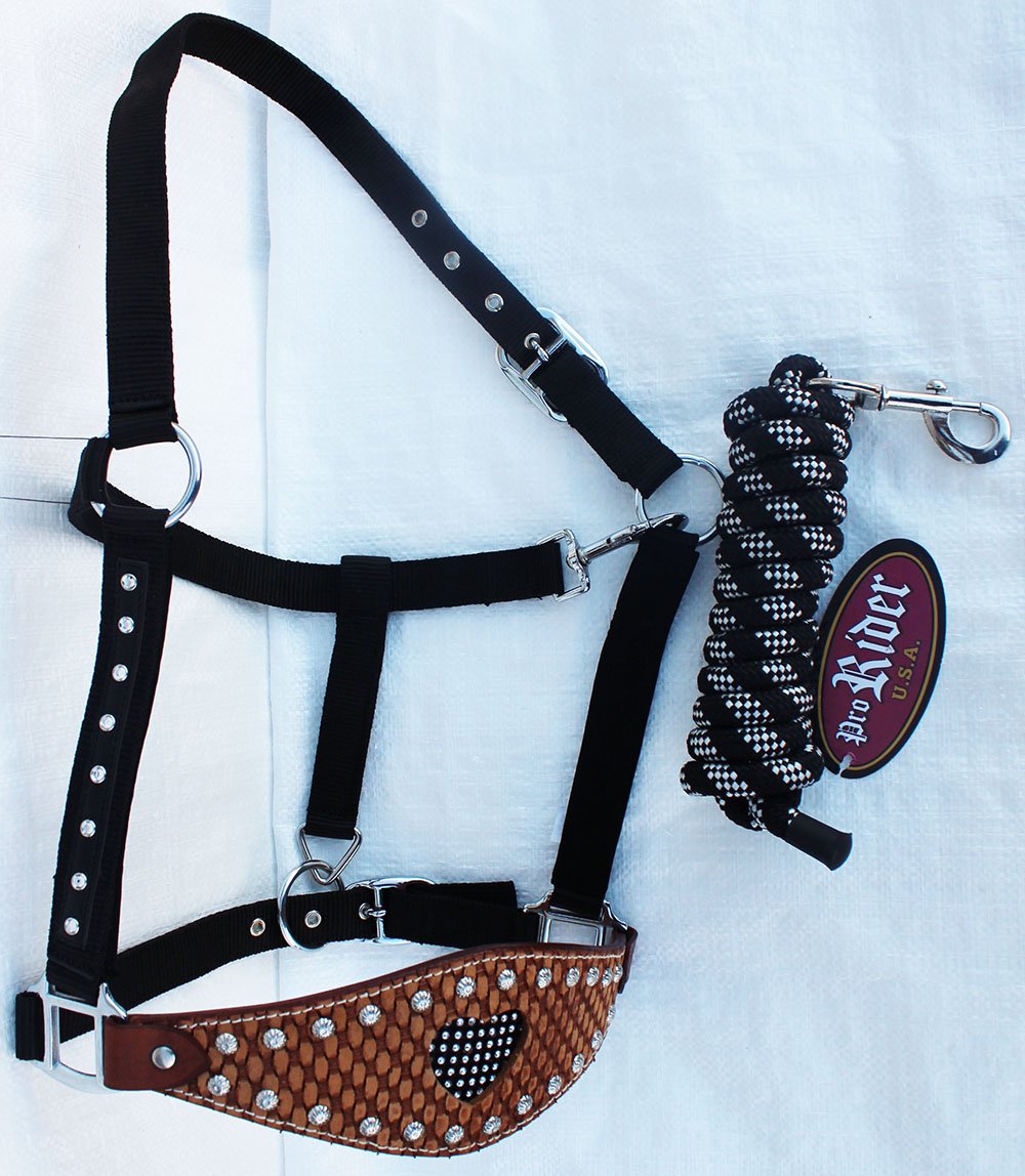 ProRider Horse Noseband Tack Bronc Leather Nylon Halter Tiedown Lead Rope 280256