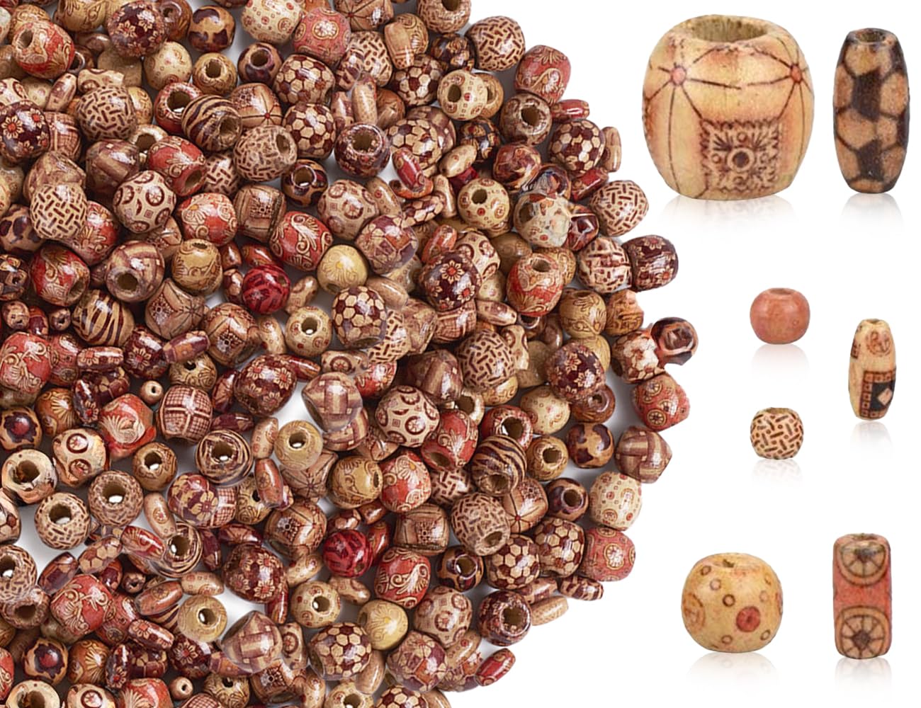 400 Natur Holzperlen - 7 Größen, Oval & Rund, Zum Auffädeln Für DIY-Schmuck