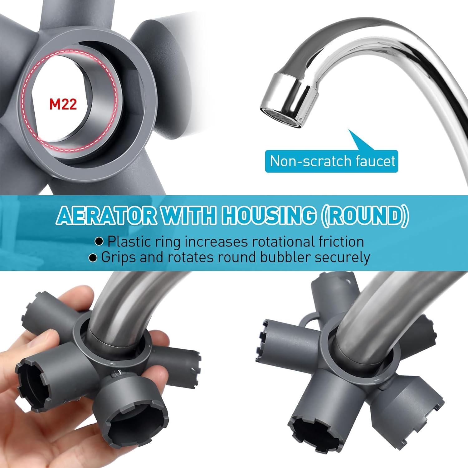 Grayscale Outil de retrait d'aérateur de robinet multifonction pour aérateurs filetés cachés M16.5/M18.5/M21.5/M22/M24/M28, bord tranchant antidérapant + design arrondi double mode