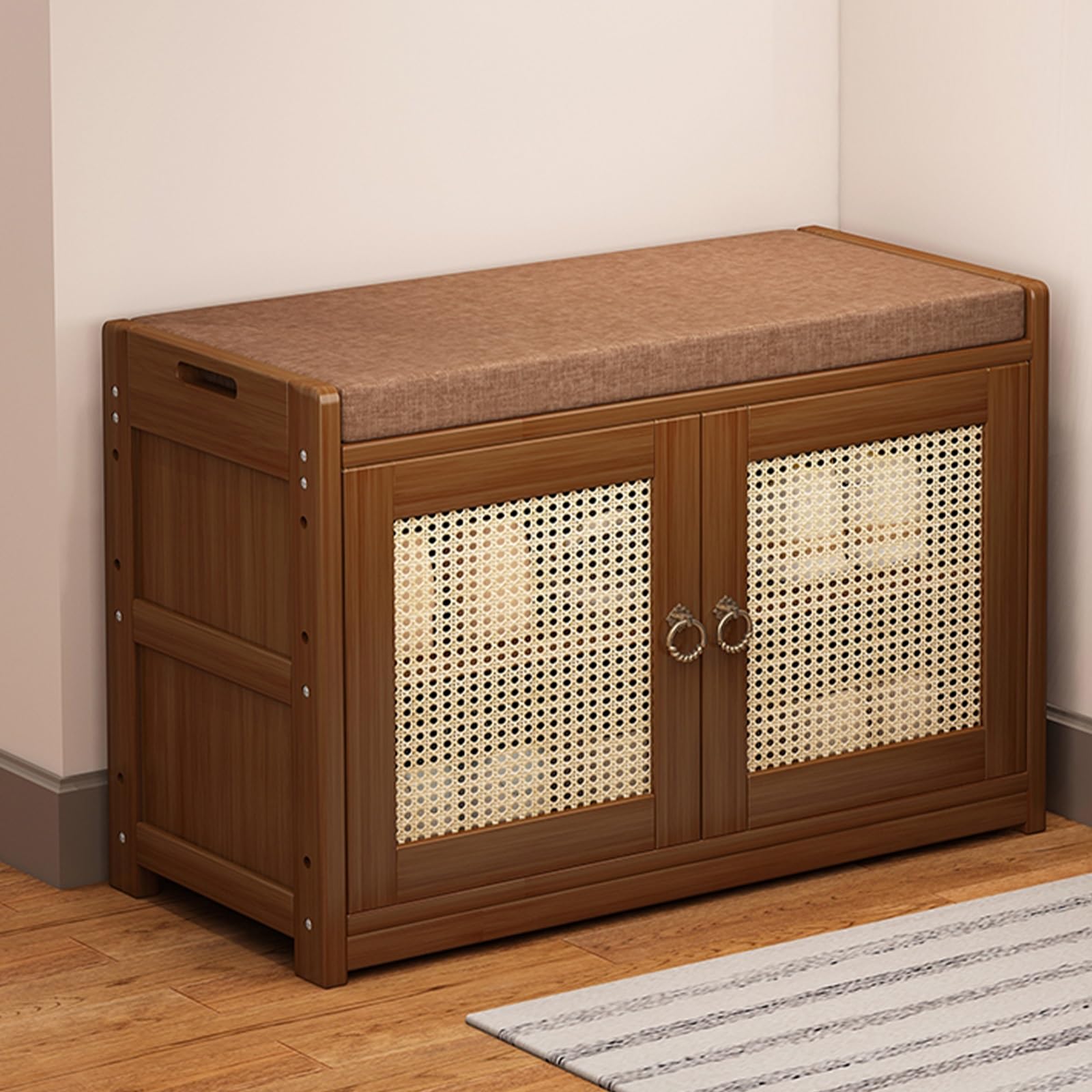 GHFXSCV Shoe Storage Bench with Cushion - 2-Door Rattan Shoe Rack & Hallway Organizer, Stylish Entryway Bench for Living Room, Bedroom, and Mudroom (70cm)
