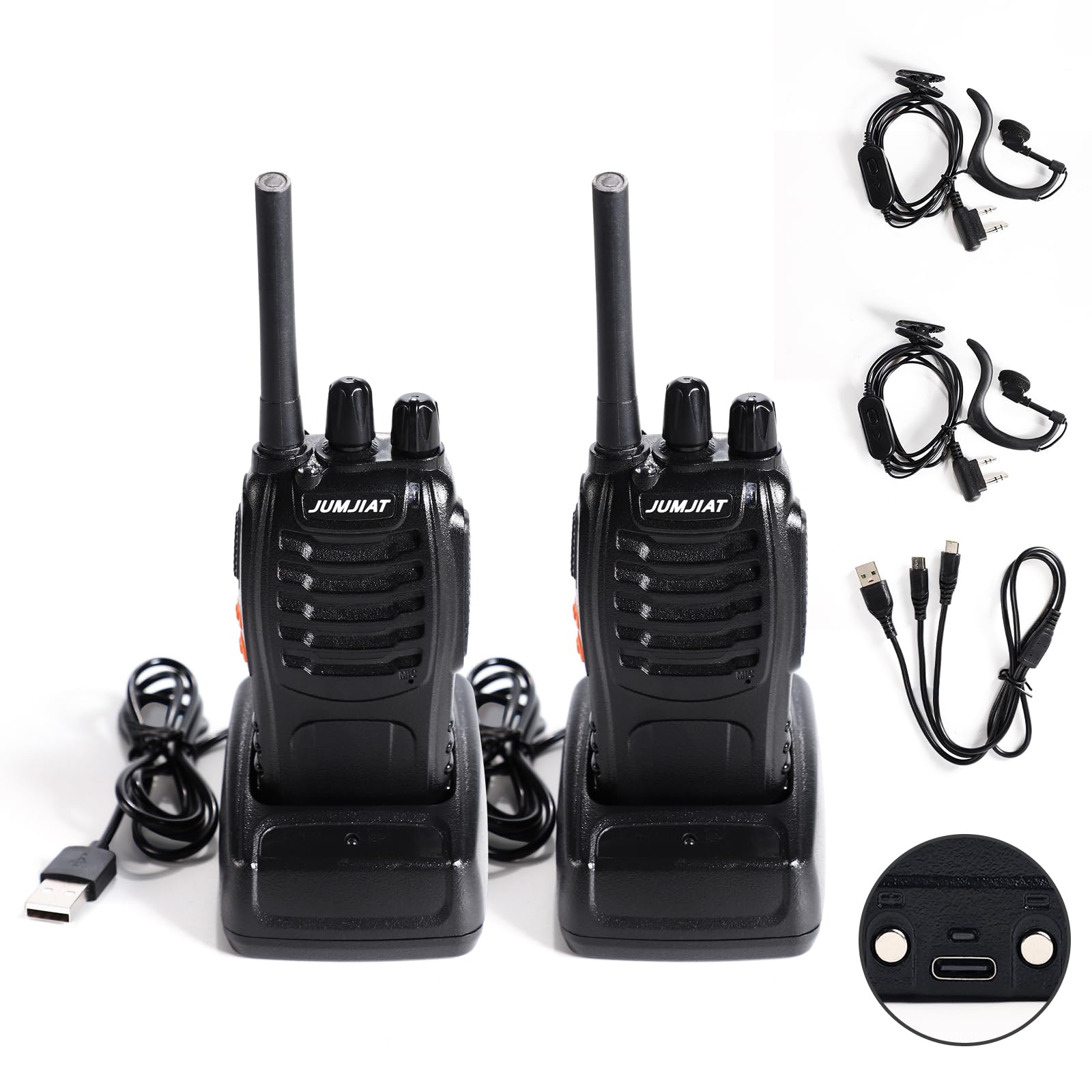 JUMJIAT Walkie Talkie 16 Kanäle hohe Reichweite integrierte LED-Taschenlampe USB-Ladestation mit Typ-C-Kabel und Kopfhörer (2 Stück)