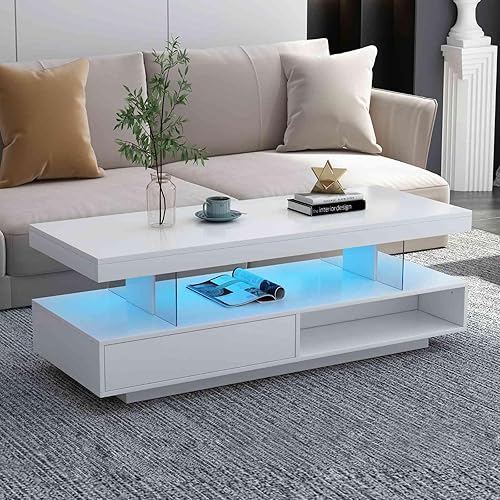 Miniatura 9 de Mesa de centro LED de 51.2 pulgadas, mesa central moderna con 2 cajones y estantes de exhibición, muebles de mesa para sala de estar con superficie