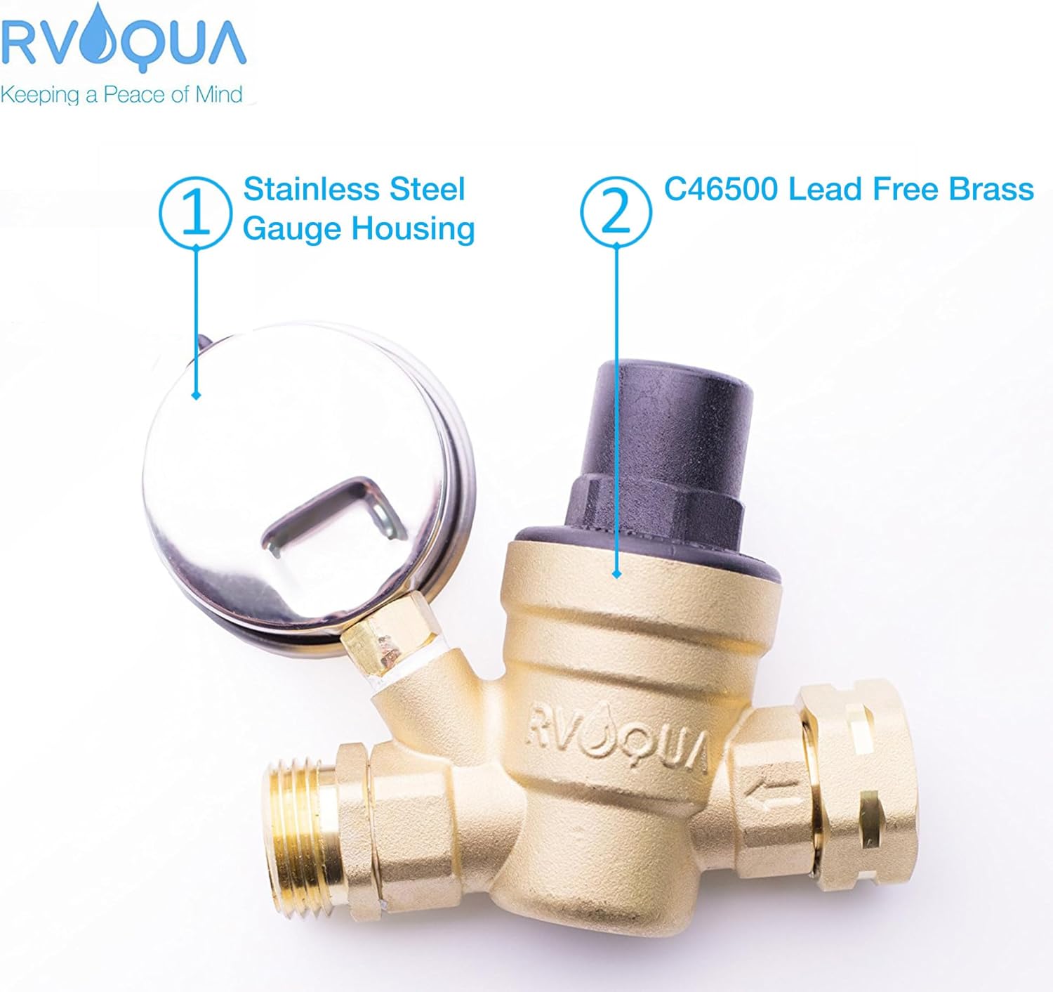 RVAQUA M11-45PSI Adjustable Water Pressure Regulator for RV Camper - Essential RV Accessories with 160 PSI Gauge, Inlet Stainless Screened Filter - Lead-Free Brass RV Water Pressure Reducer