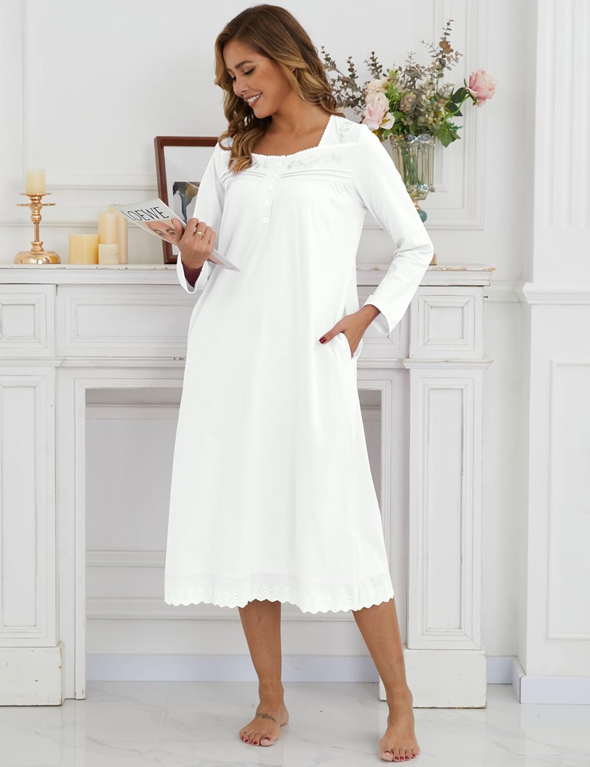 Nightgowns for Women Soft 100% Cotton House Dress Embroidery Long Sleeve Night Gowns Comfy Long Sleepwear - Image 4
