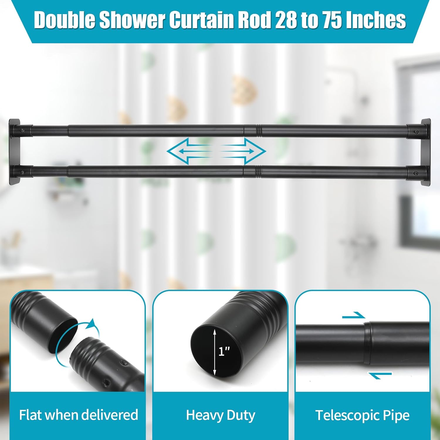 Creatyi 28 to 75 Inches Double Shower Curtain Rod Adjustable Double Shower Curtain Rods for Bathroom (28 to 75'', Black)