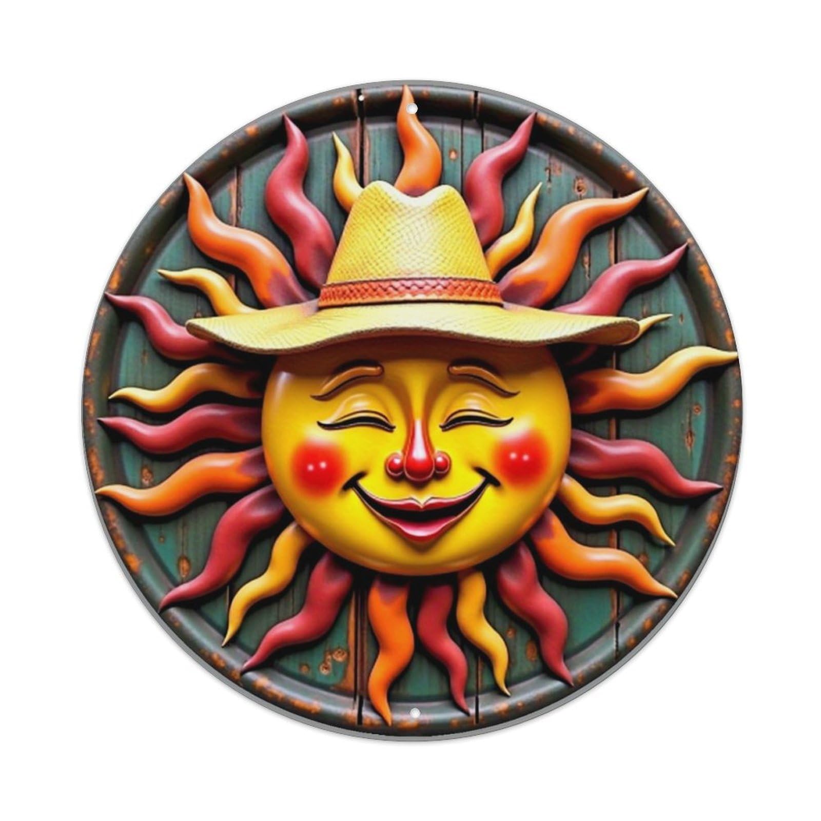 Sun Face With Hat And Rays Vintage Round Tin Sign Retro Metal Wall Decor Metal Poster, Home Bar Garage Cafe Wall Art Decoration 8x8Inches