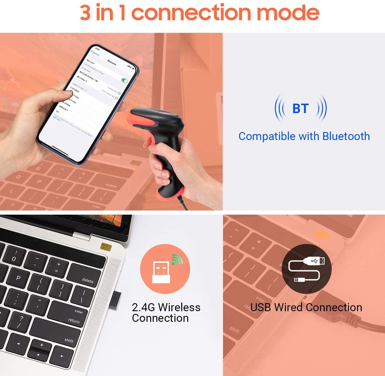 Tera Skaner kodów kreskowych 2D 1D 3 w 1, bezprzewodowy skaner kodów kreskowych 2,4 GHz/Bluetooth/USB, czytnik kodów kreskowych, HW0002-O