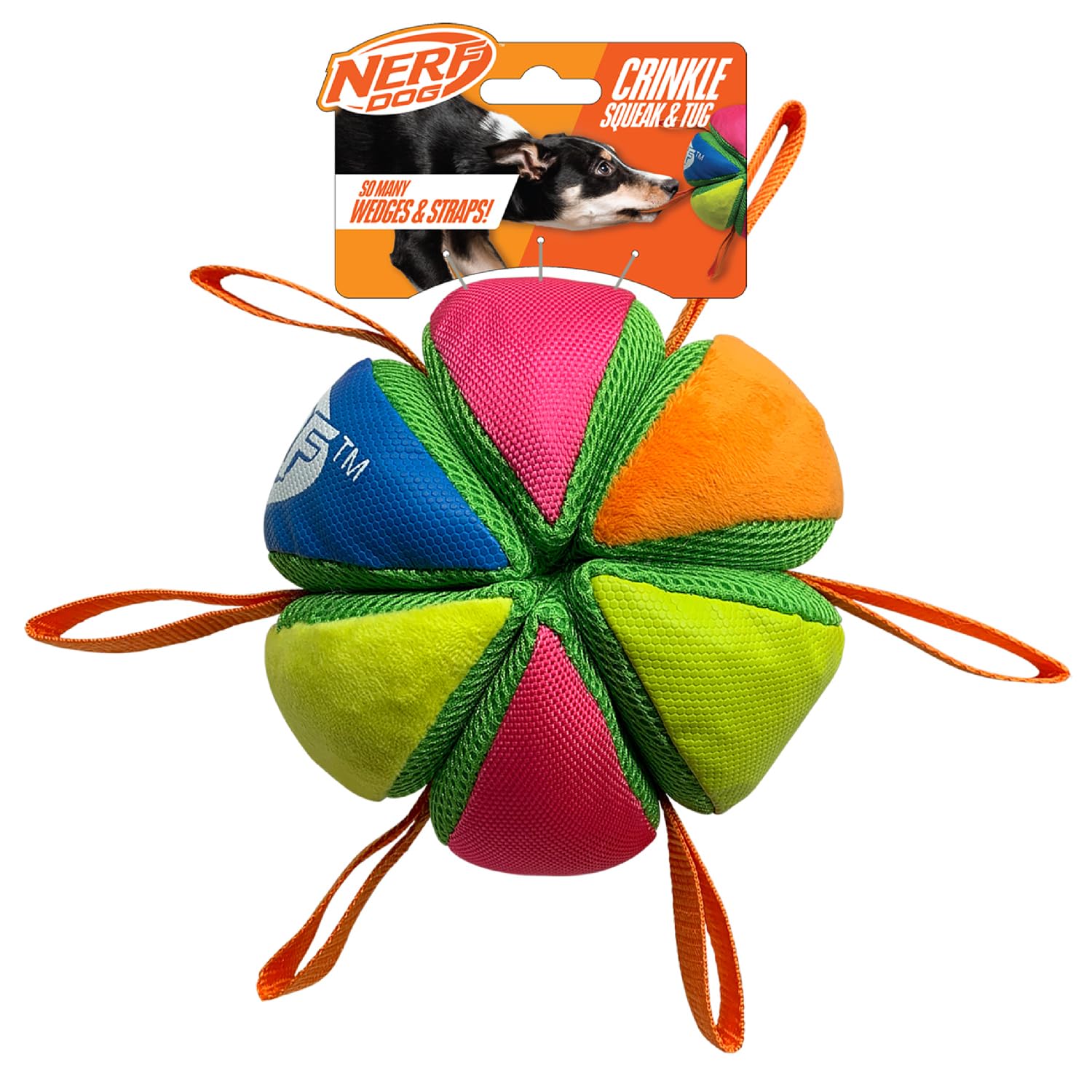 Nerf Dog Plush Wedge Ball with Straps, 5.9-Inch Squeak and Crunch Interactive Dog Toy, Multicolor