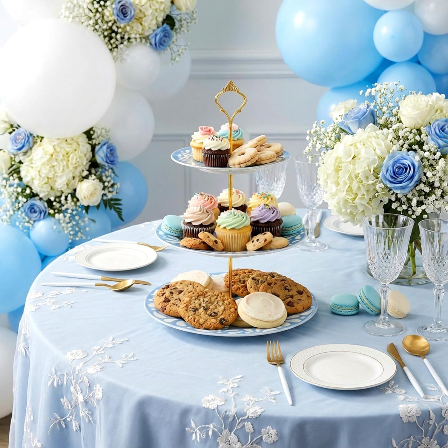 Lallisa Cielito Lindo 3 Tier Dessert Stand 10", 9", 7" Ceramic Soporte De Cupcakes De Tres Pisos para México Tea Party Display Tower for Mexican Baby Shower Birthday Decorations(Blue)