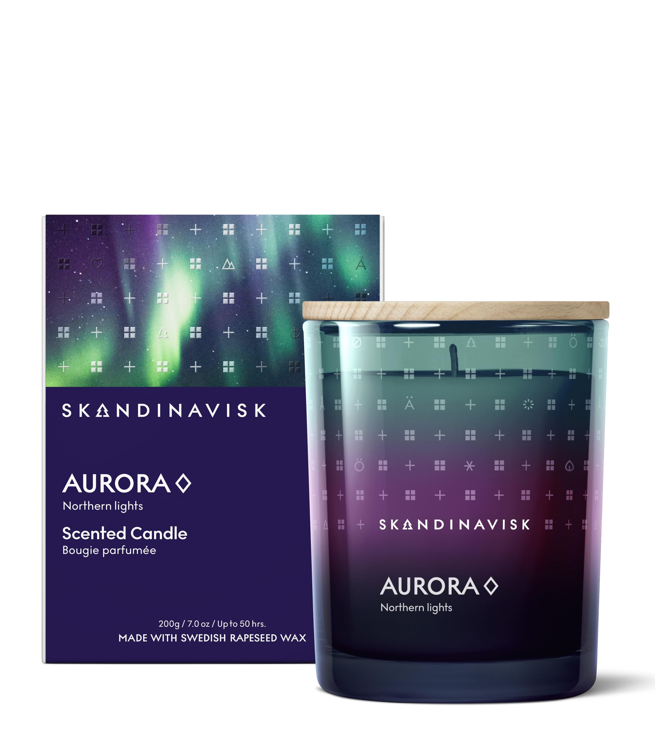 Skandinavisk Aurora Scented Candle, Scent Notes: Sandalwood and Juniper Berries, Jasmine and Lime, Vegan Formula, 200g