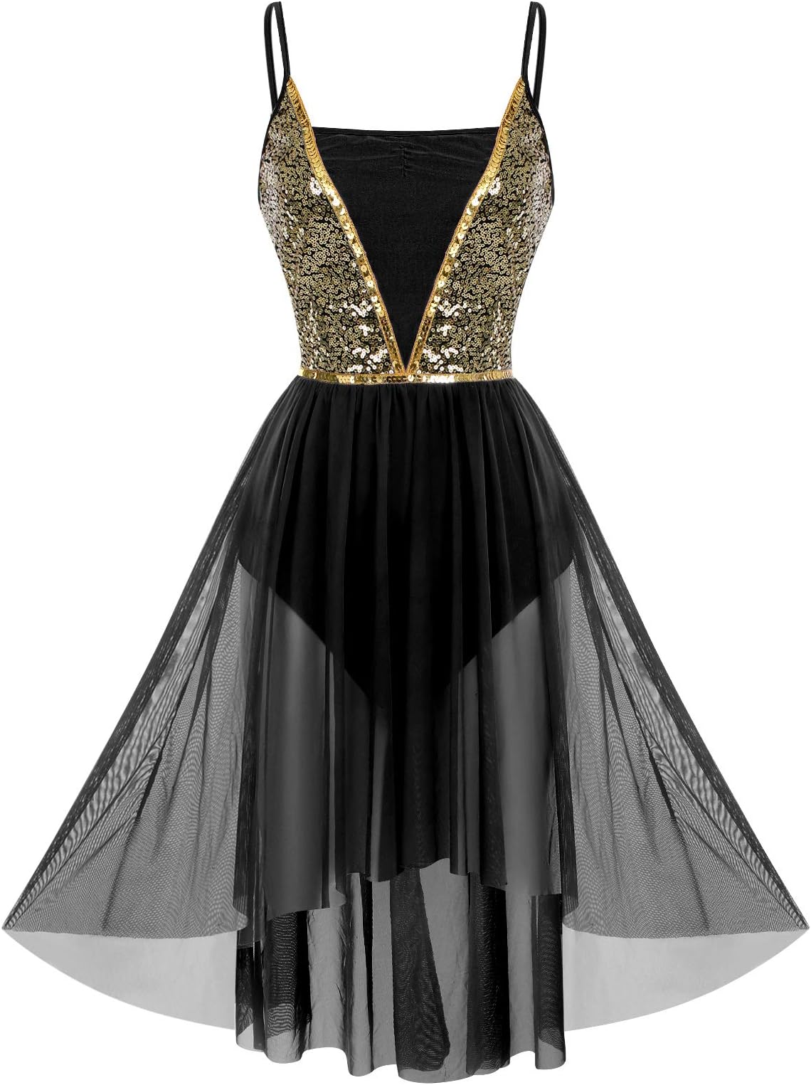 ODASDO Women Shiny Sequins Spaghetti Strap High Low Mesh Tulle Lyrical Dance Dress Modern Contemporary Dancewear