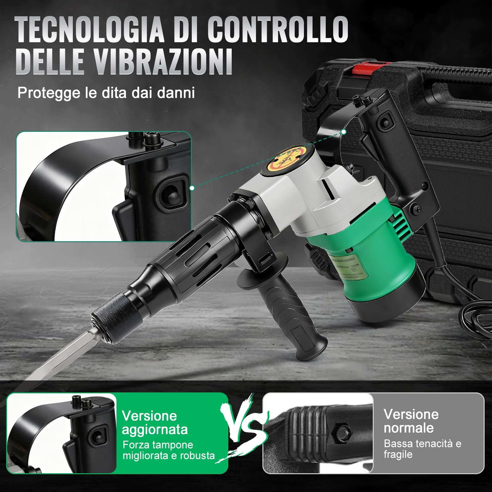 SDS Plus Martello Demolitore, 1400W 30 Joule 3600 RPM Potente Martello Perforatore Tassellatore Martello Elettrico A Scalpello Incl. Scalpello A Punta, Piatto Per Calcestruzzo, Mattoni, Piastrelle