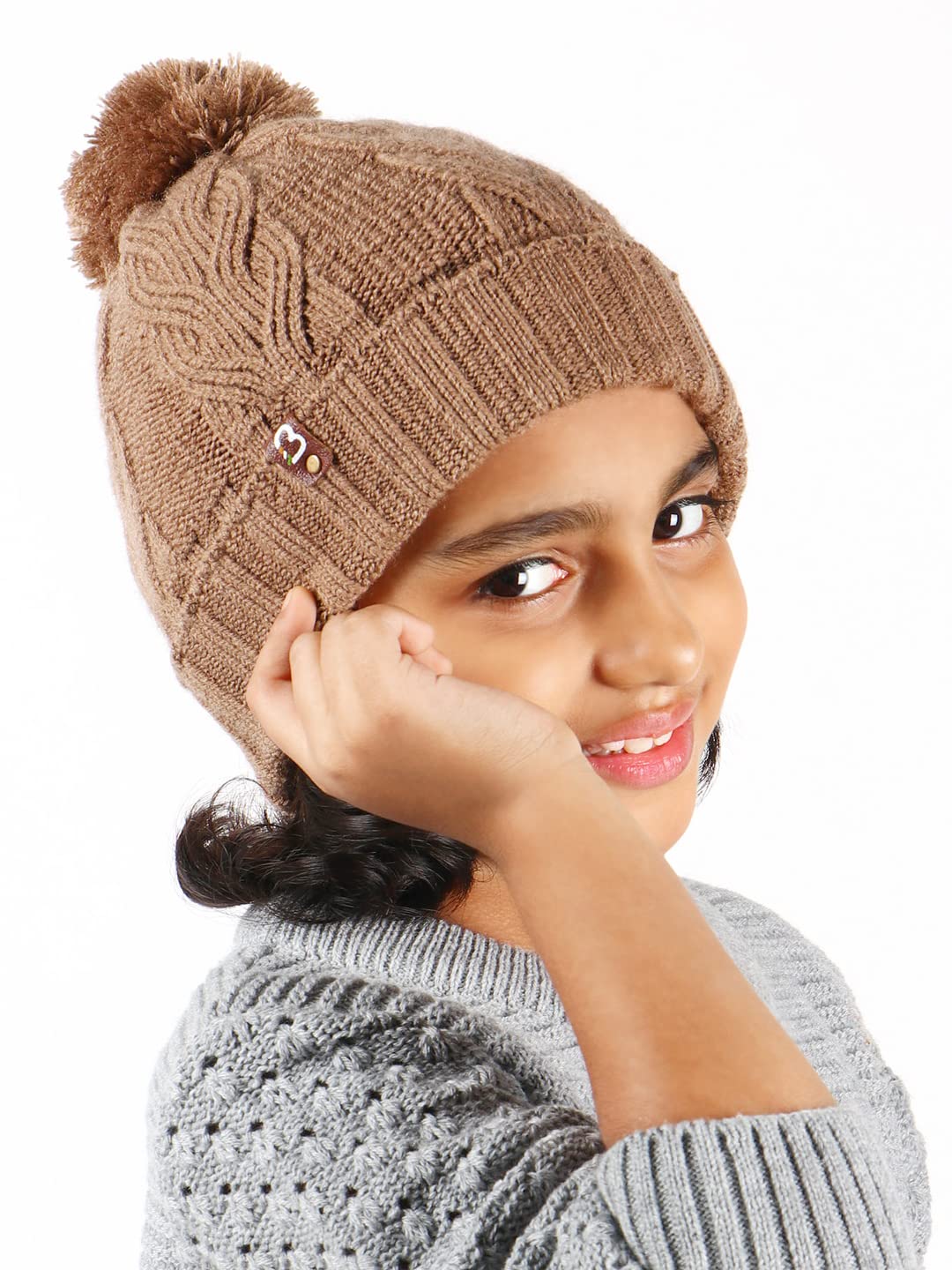 BHARATASYA Winter Hand Knitted Cute Stylish Cable Knit Winter Pom Pom Cap for Kids Unisex (Age 5-10 Years)-picture-16