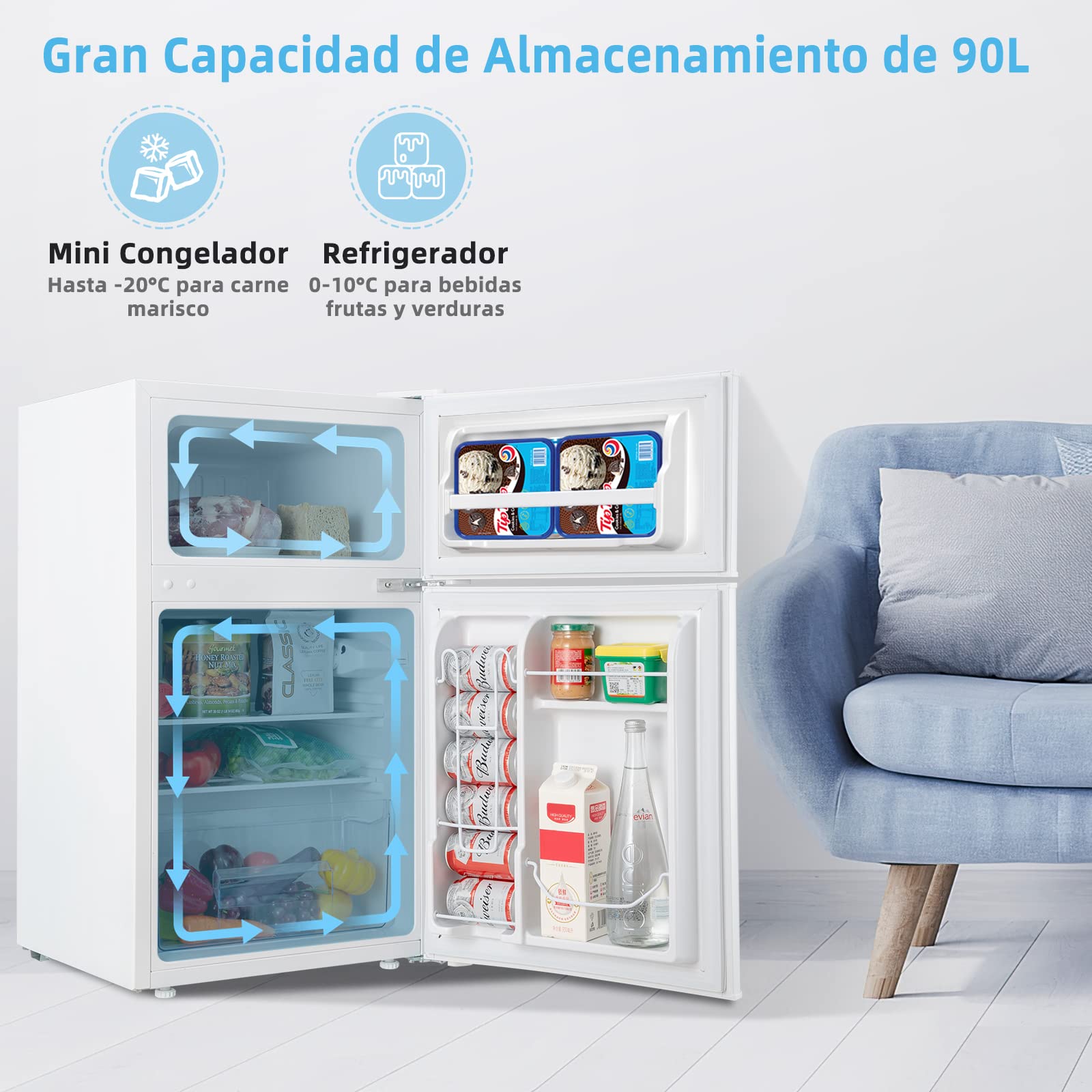 COSTWAY Frigorífico Compacto, Mini Nevera 90 L, Congelador Separado con 2 Puertas, Luz LED de Amplio Ángulo, Ahorro Energético, Refrigeración Rápida, Puerta Reversible Silencioso (Blanco)