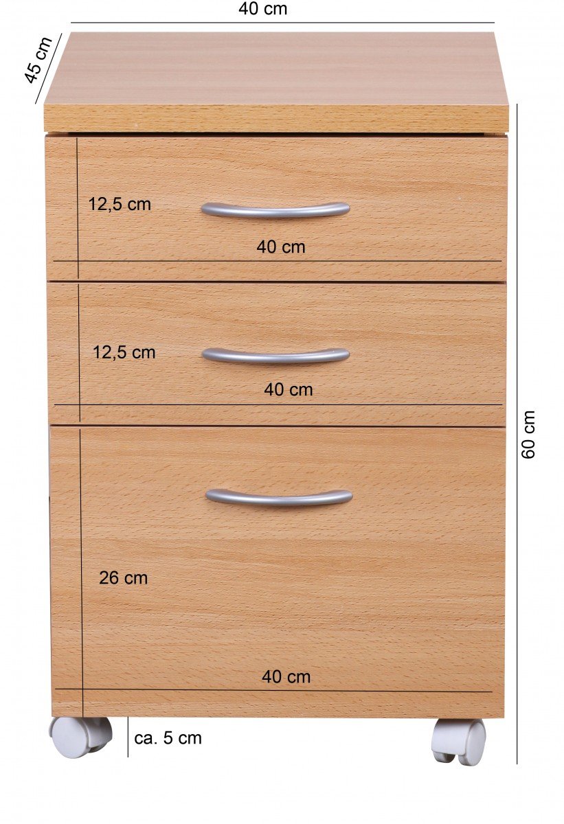 WOHNLING Cassettiera con Ruote Ottawa 40x45x60 cm Faggio con Cassetti | carrello con maniglie in effetto alluminio, mobile basso per scrivania, cassettiera da ufficio compatto, carrello estetica