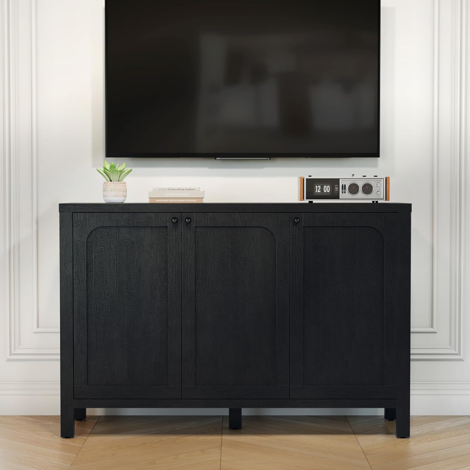 47" Black Sideboard Buffet Cabinet with Storage Modern Credenza with Doors Heavy Duty Wood TV Media Console Table Accent Cabinet for Living Room Hallway Entryway