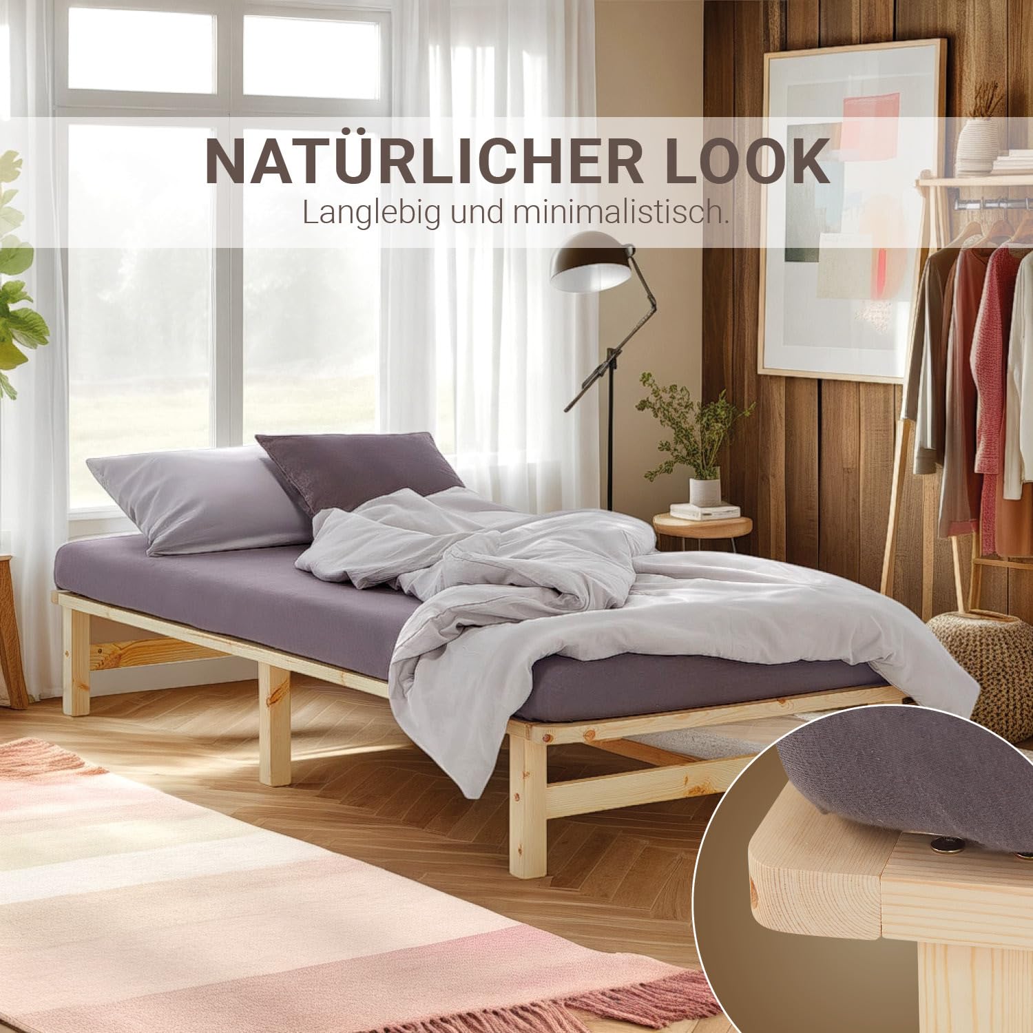 Homestyle4u Holzbett 90x200 mit Matratze & Lattenrost – Kiefer | Massivholz Einzelbett im Palettenbett-Stil – naturbelassen, inkl. Komfortschaummatratze (H2), allergiker-freundlich