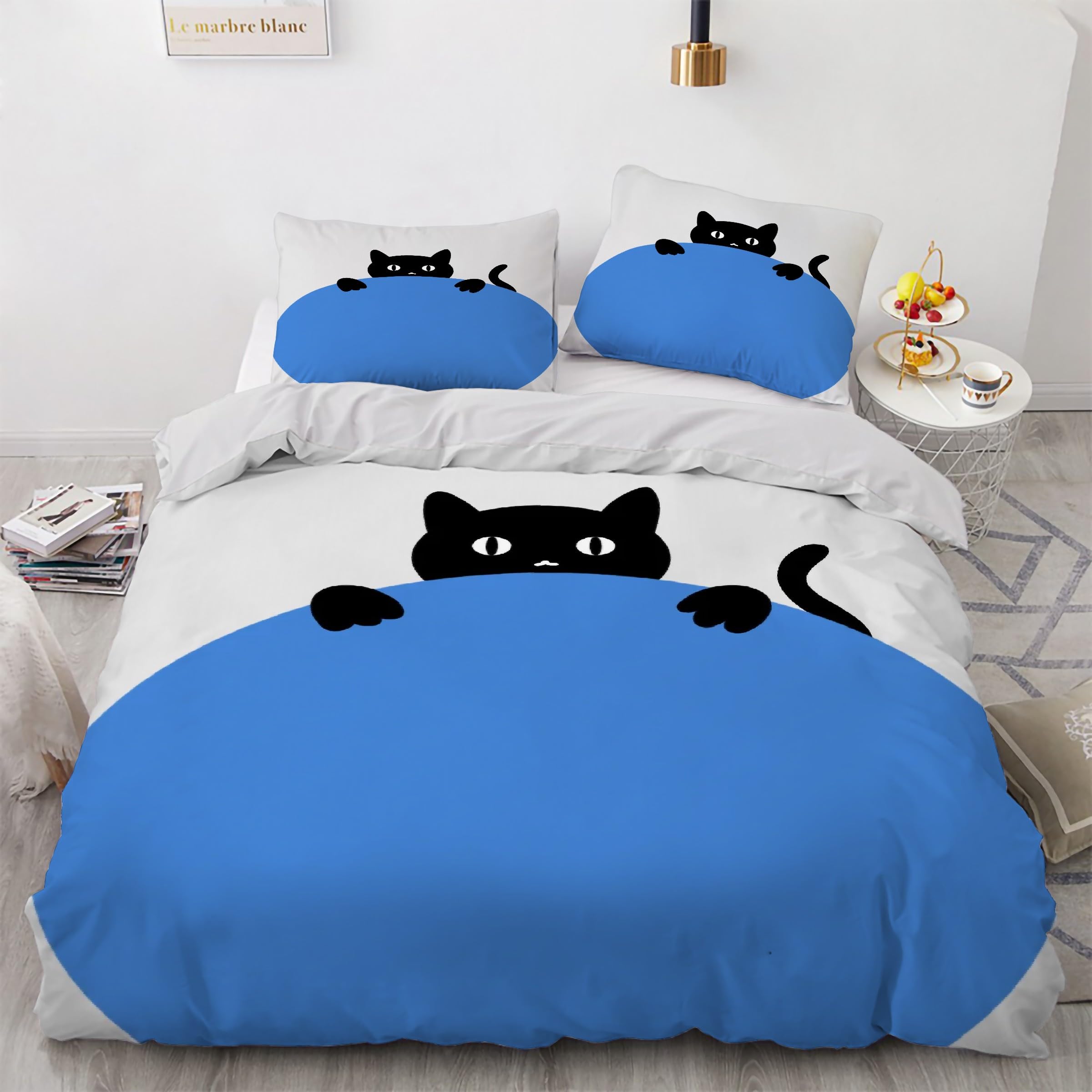 Housse de couette chat noir 240x260 parure lit bleu ambiance cocooning nuit paisible