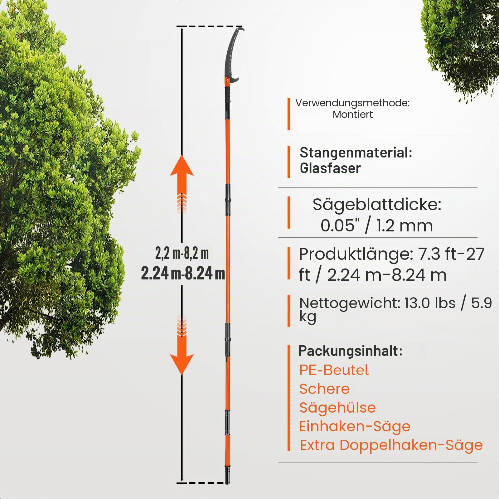 VEVOR Manuelle Stangensäge 8 m, scharfe Stahlklinge und Schere 2,2–8,2 m ausziehbare Baumschere, hohe Äste, Astschneider mit leichten 8 Fiberglasgriffen,zum Beschneiden von Handflächen und Sträuchern