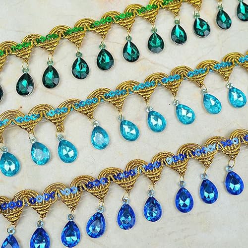 Yalulu 4.5 Yard Hanging Beads Fringe Lace Rhinestone Braided Ribbons Sewing Fringe Tassel Trim Apparel Trims Diy Craft Sewing Accessory (Blue) #TOP1