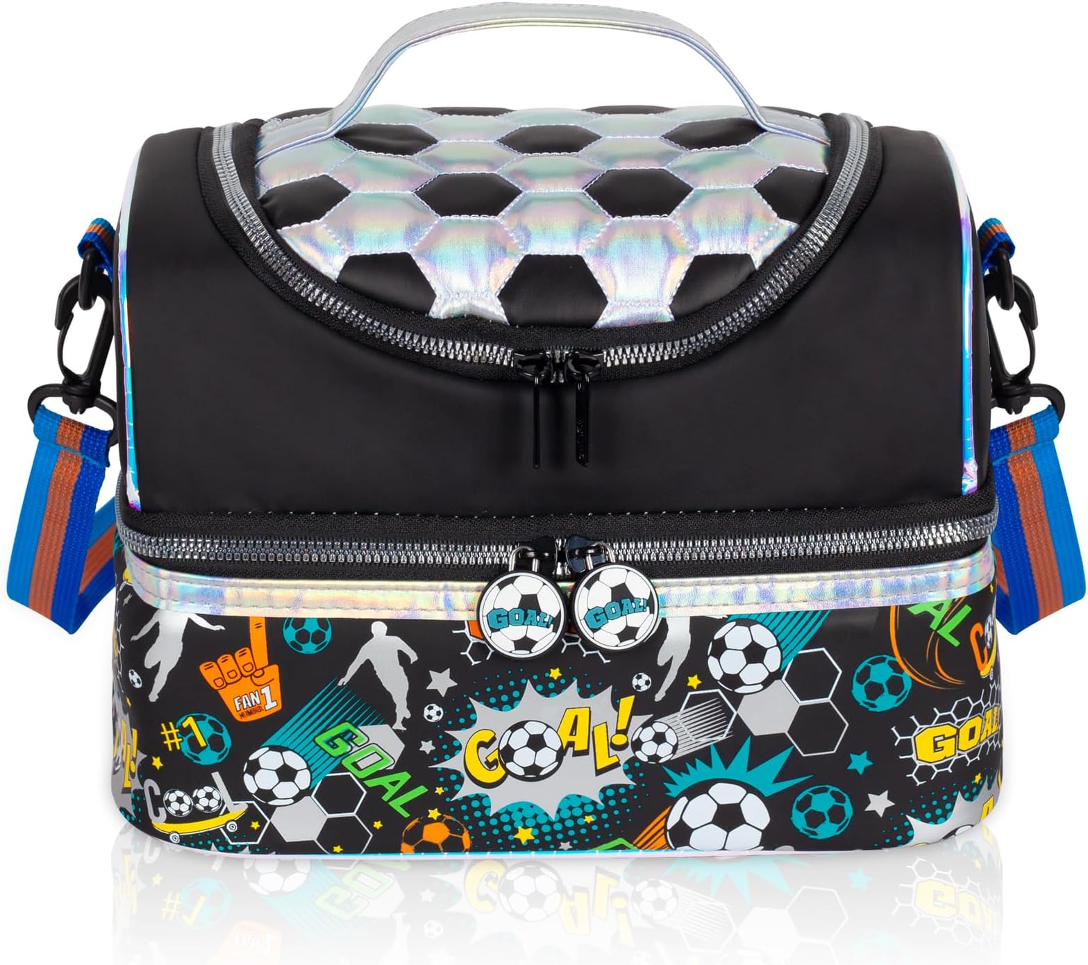 Kids Double Decker Cooler Insulated Lunch Bag, Back to School Large Meal Tote for Boys, Girls, Men, Women, with Adjustable Strap, Soccer