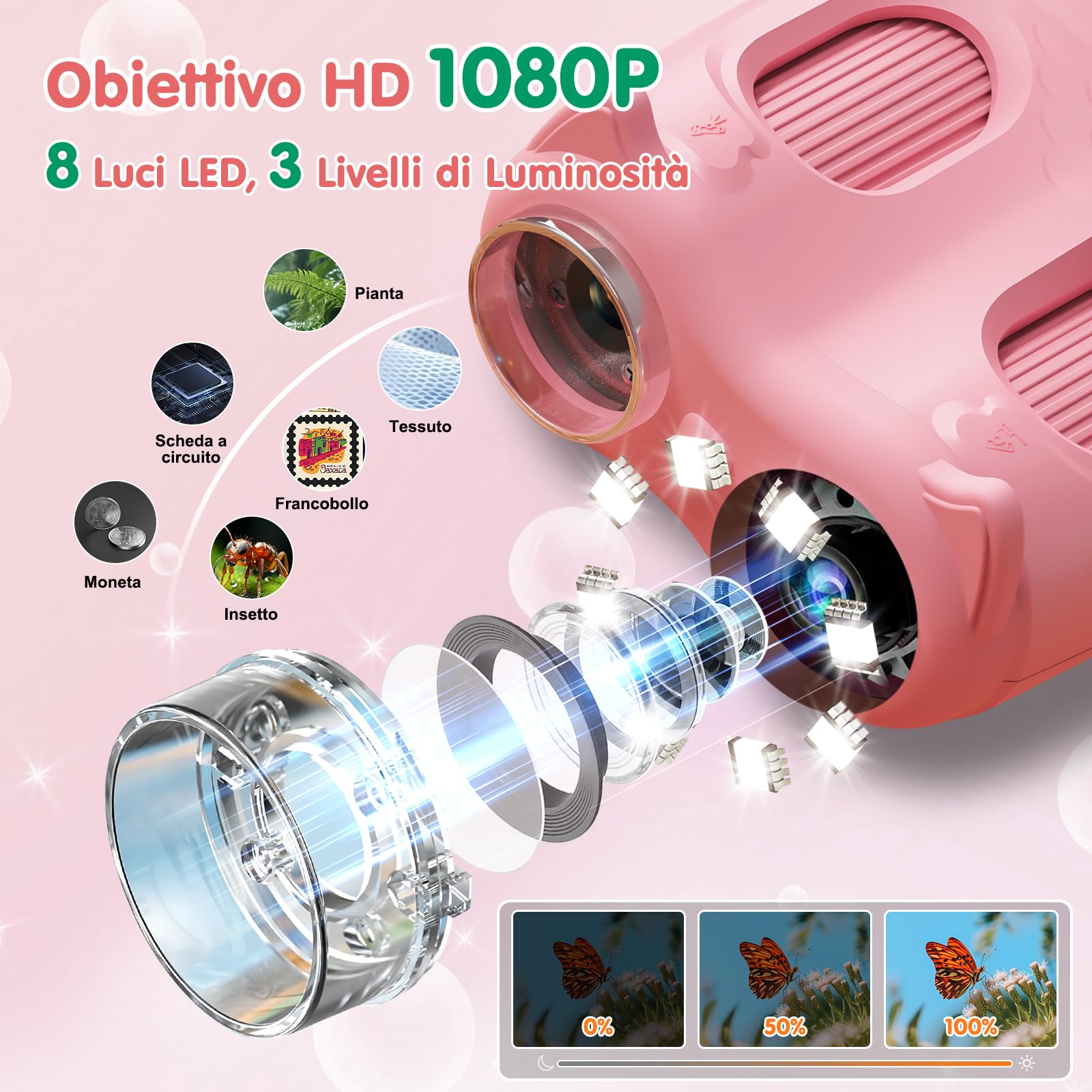 2 in 1 Microscopio Bambini e Telescopio, Microscopio Digitale Bambini con Scheda 32GB, 1000X Microscopio Portatile con Schermo IPS da 2,0 Pollici e 8 Luci LED, Regalo per Bambini dai 3 Anni