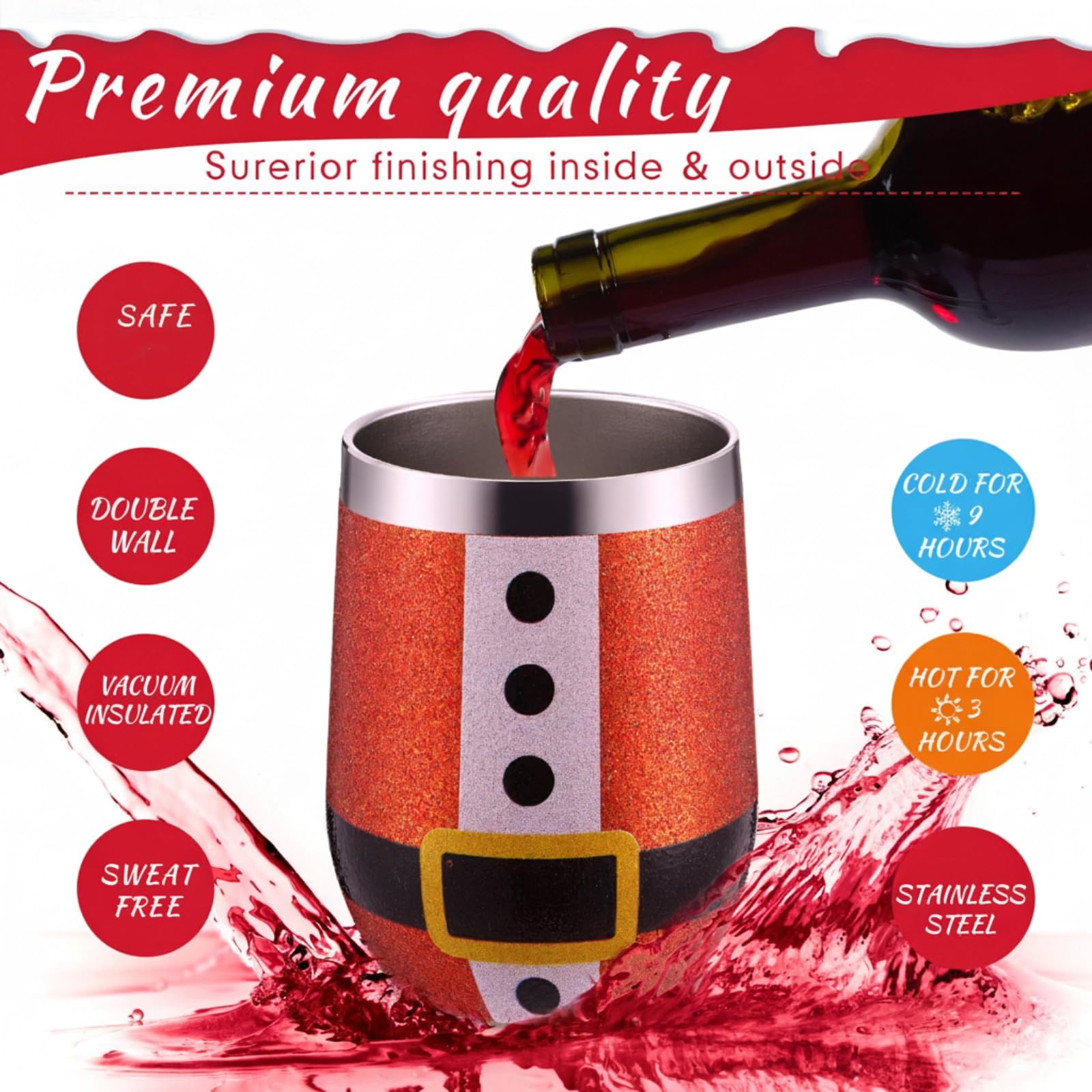 Sliner 4 Stück Weihnachts-Glitzer-Weingläser, 340 ml, Edelstahl, Glitzerbecher mit Deckel, Strohhalm und Bürste, isoliert, doppelwandig, Reisebecher für Weihnachten, Geschenk, Freunde, Familie
