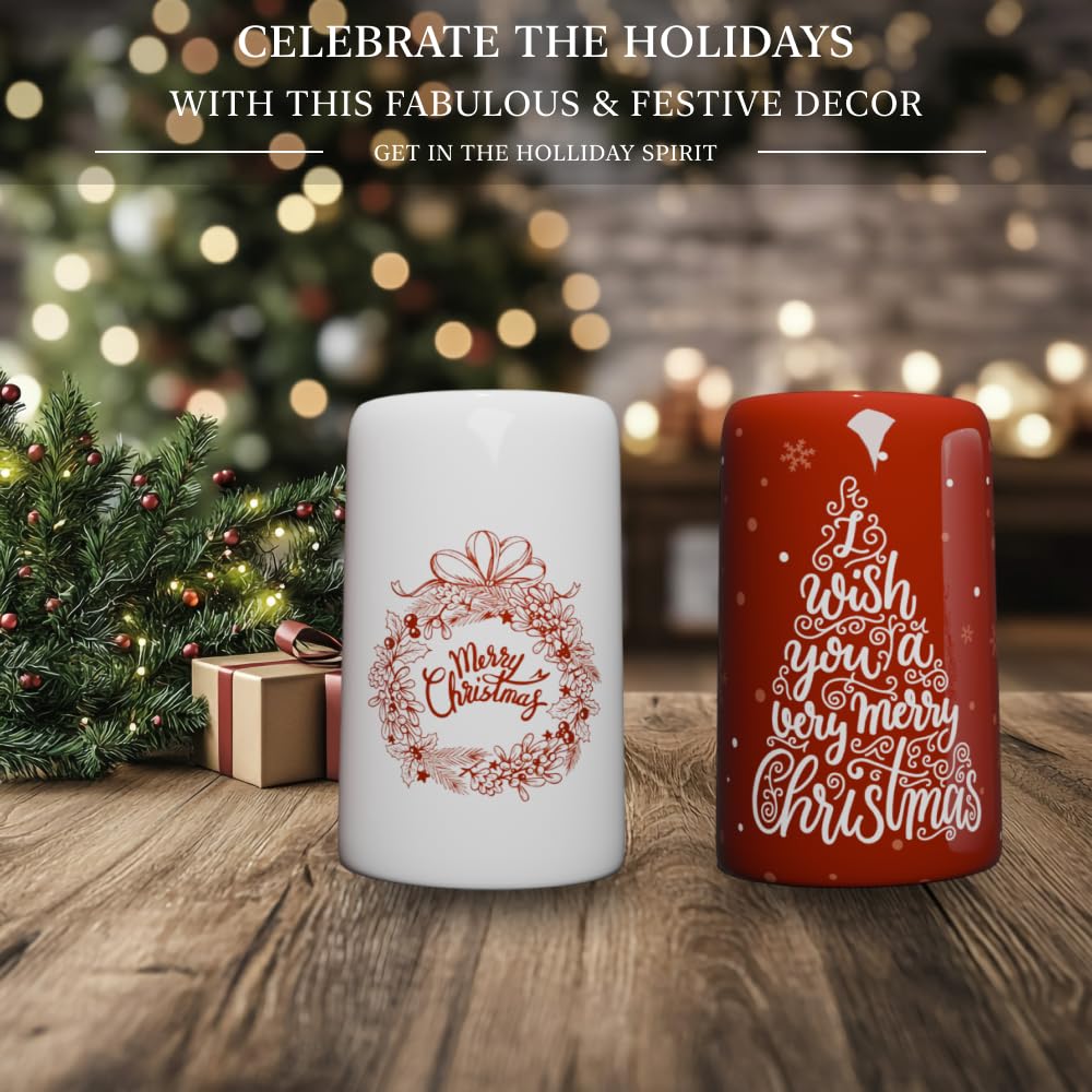 Salero y pimentero – Decoración de cocina de Navidad, bonito juego de salero de mesa de vacaciones, decoraciones de árbol de Navidad y corona, agitadores de condimentos grandes –