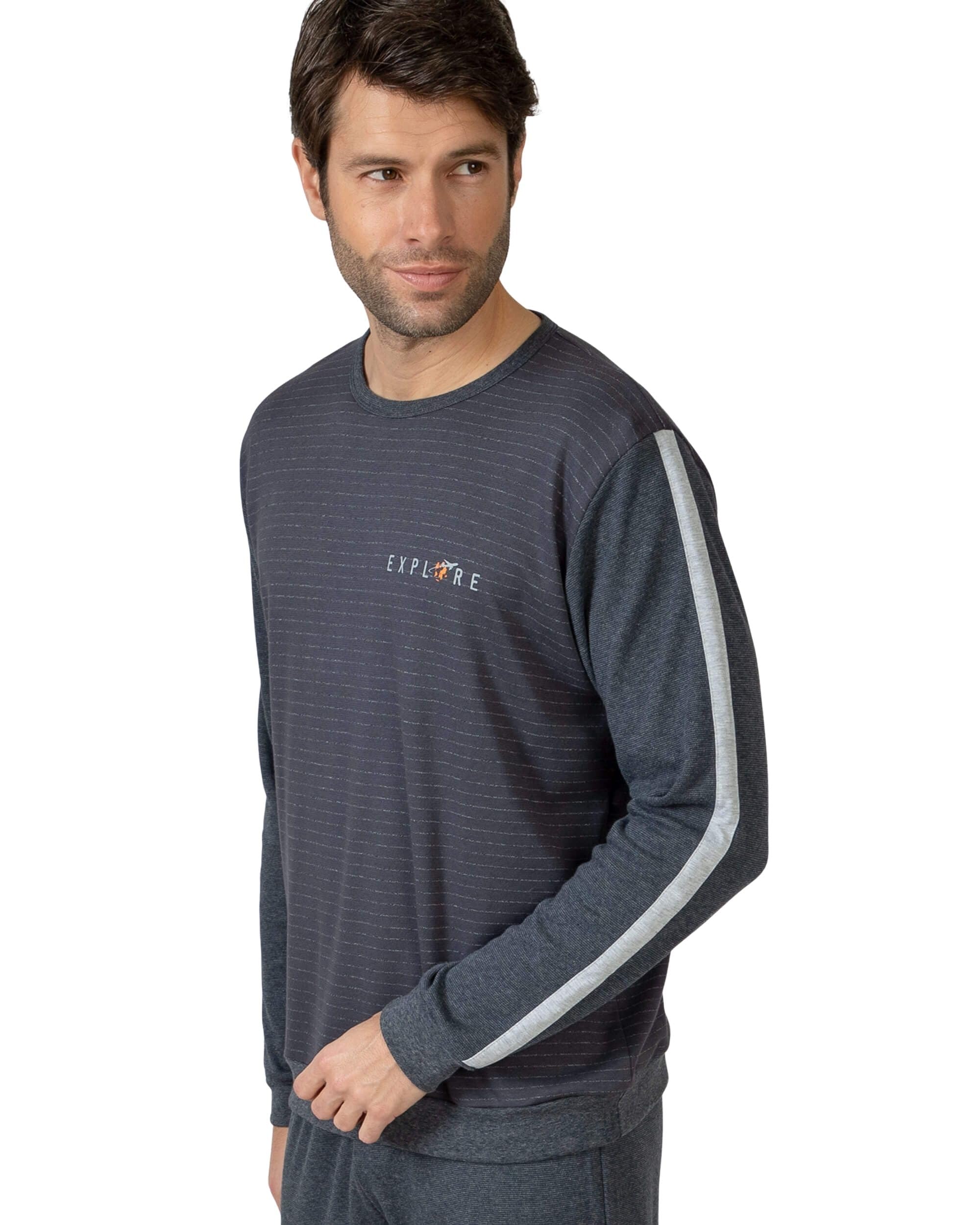 MASSANA Pijama de Invierno para Hombre, Conjunto de 2 Piezas, Camiseta Manga Larga con Diseño Explore y Pantalón Largo, Gris Marengo