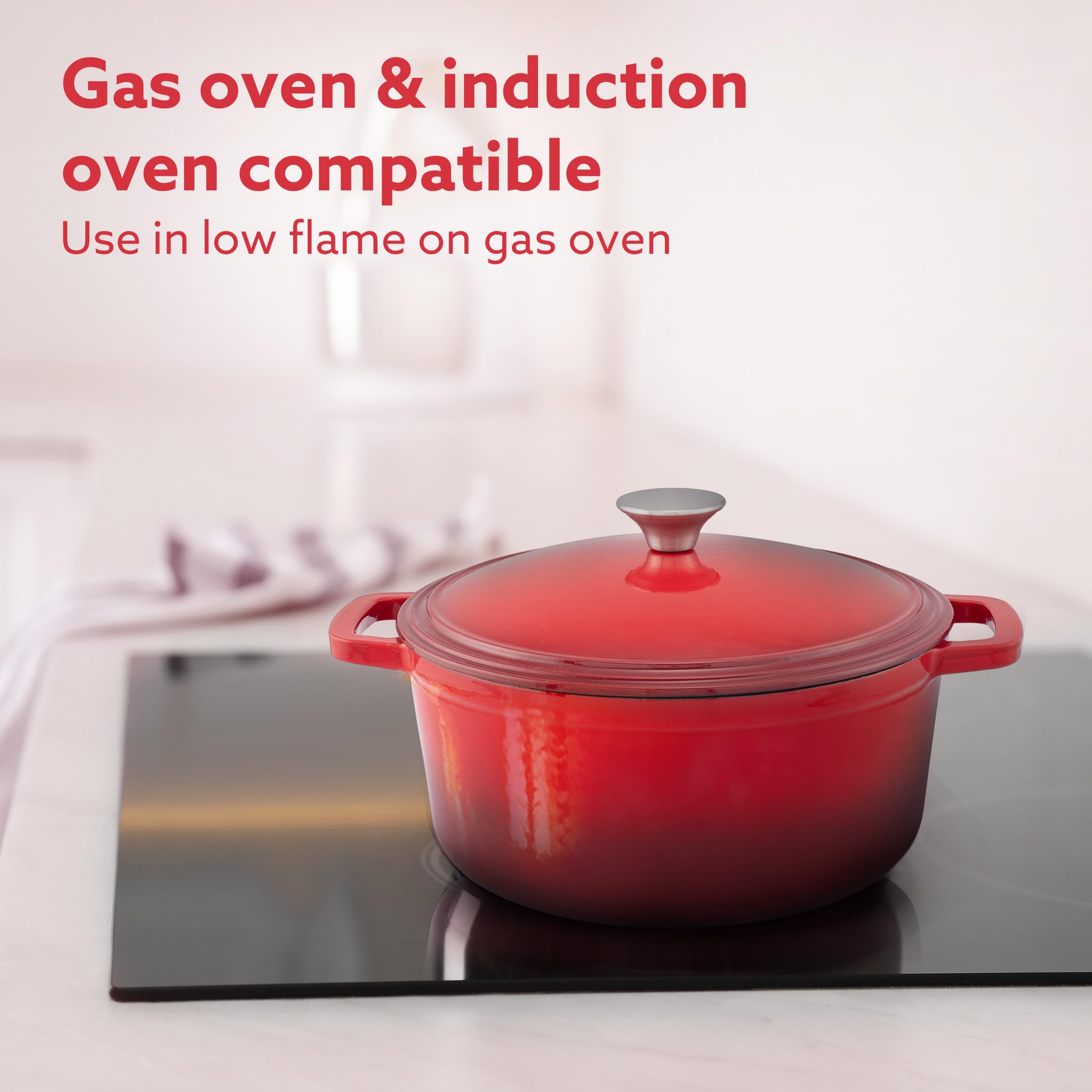 AGARO Royal Enamelled Cast Iron 5L Casserole with Lid, Cooking Pot, No Chemical Coating, Fast Heat, Heavy Weight, Gas & Induction Oven Compatible, for Meat, Dal, Curry, Biryani, Pulao, Red 2