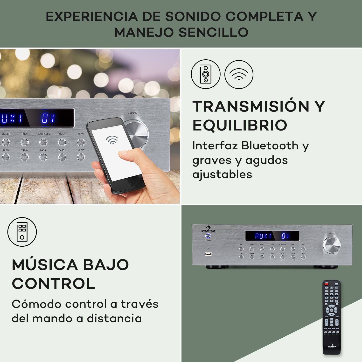 AUNA Amplificador Audio Bluetooth para Equipo de Musica, Amplificador HiFi, AV y Control de Agudos y Bajo, Amplificadores Sonido con Subwoofer, 4 Canales de Audio y Altavoz con Mando a Distancia