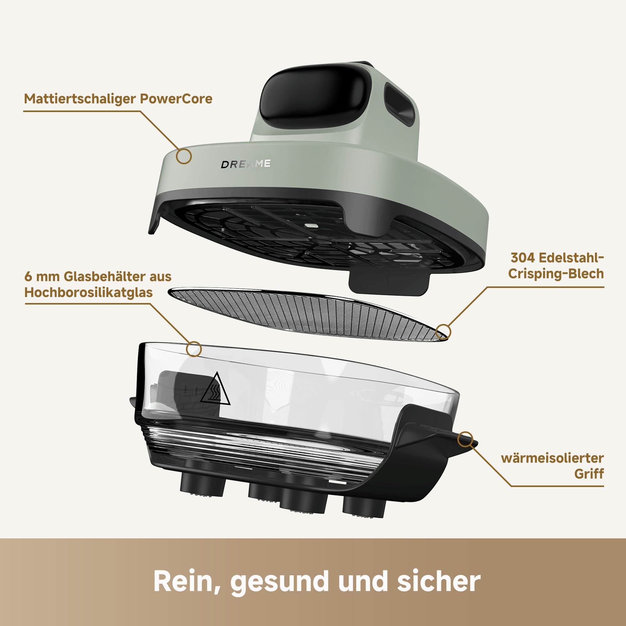 dreame Tasti AirFryer 5-in-1 tragbare Glas-Heißluftfritteuse, Zwei-Behälter-Setup (2,5 L + 4,5 L), 6 mm Borosilikatglas, 3D-Heißluft-Umwälzung, spülmaschinengeeignet, 360°-Panorama-Ansicht, abnehmbar